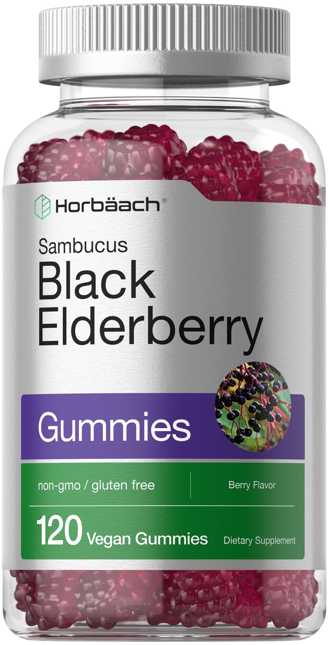 Horbäach frasco frontal con 120 gomitas berry, visual fácil de identificar