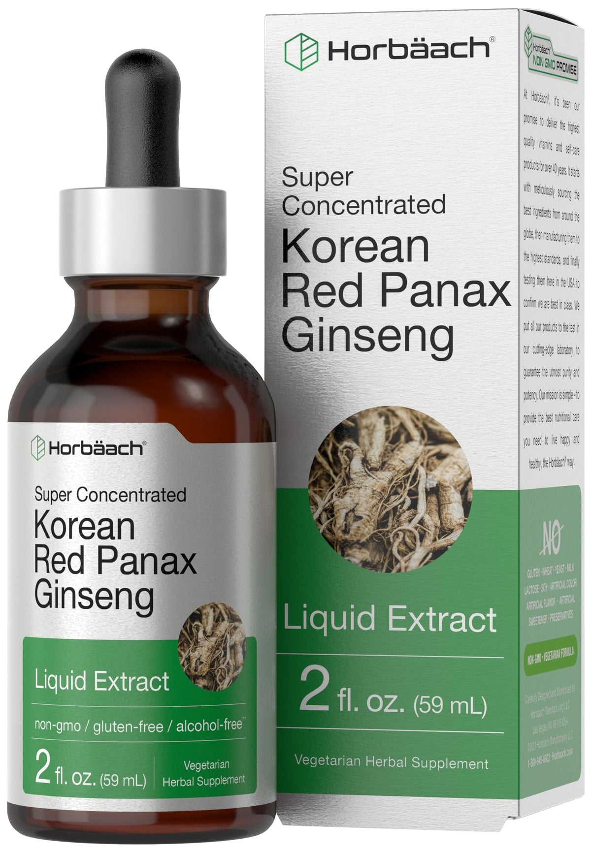 Horbäach frasco frontal mostrando ginseng rojo y claridad del producto