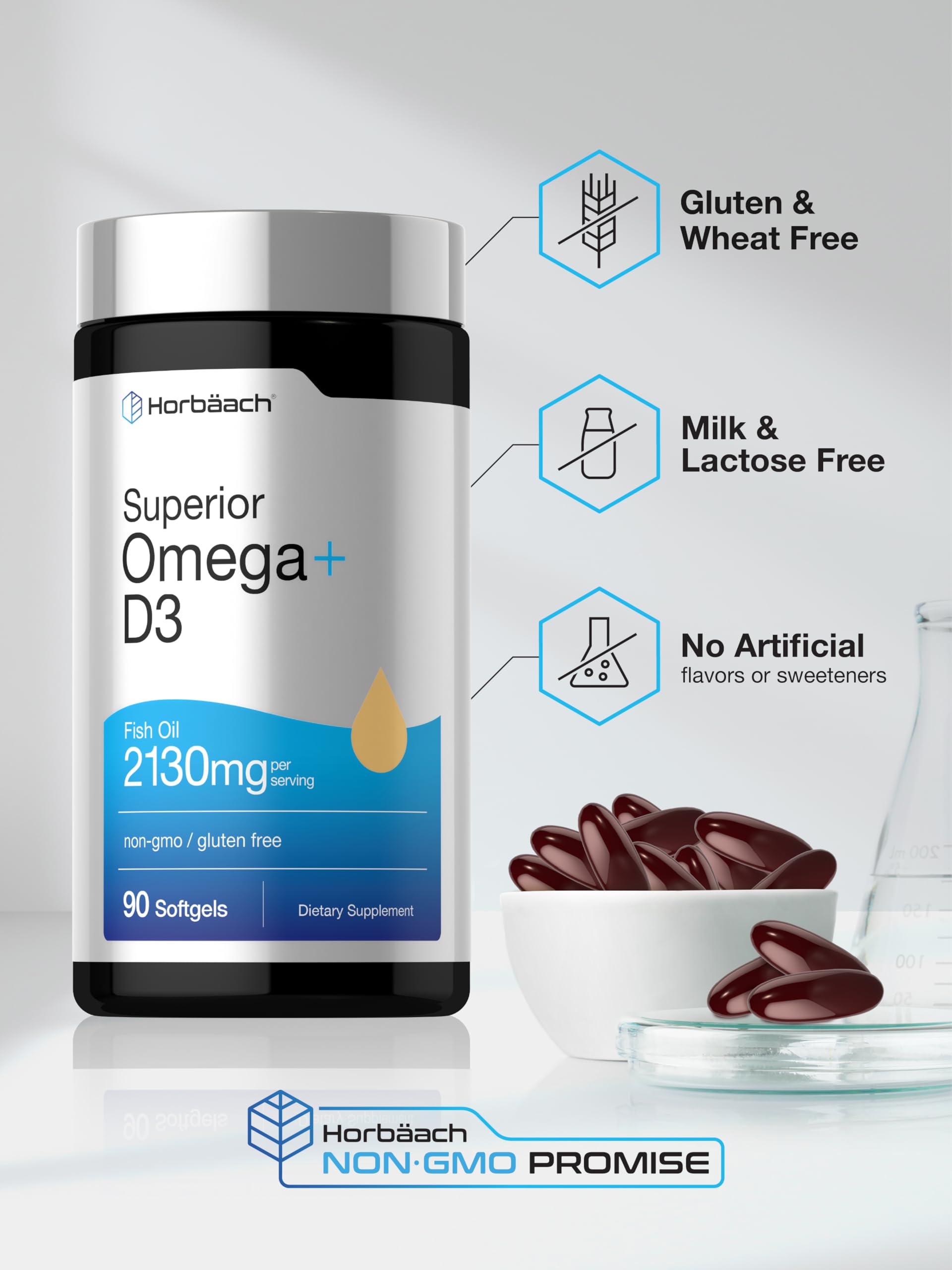 Horbäach etiqueta nutricional enfocada mostrando EPA, DHA y contenido por porción