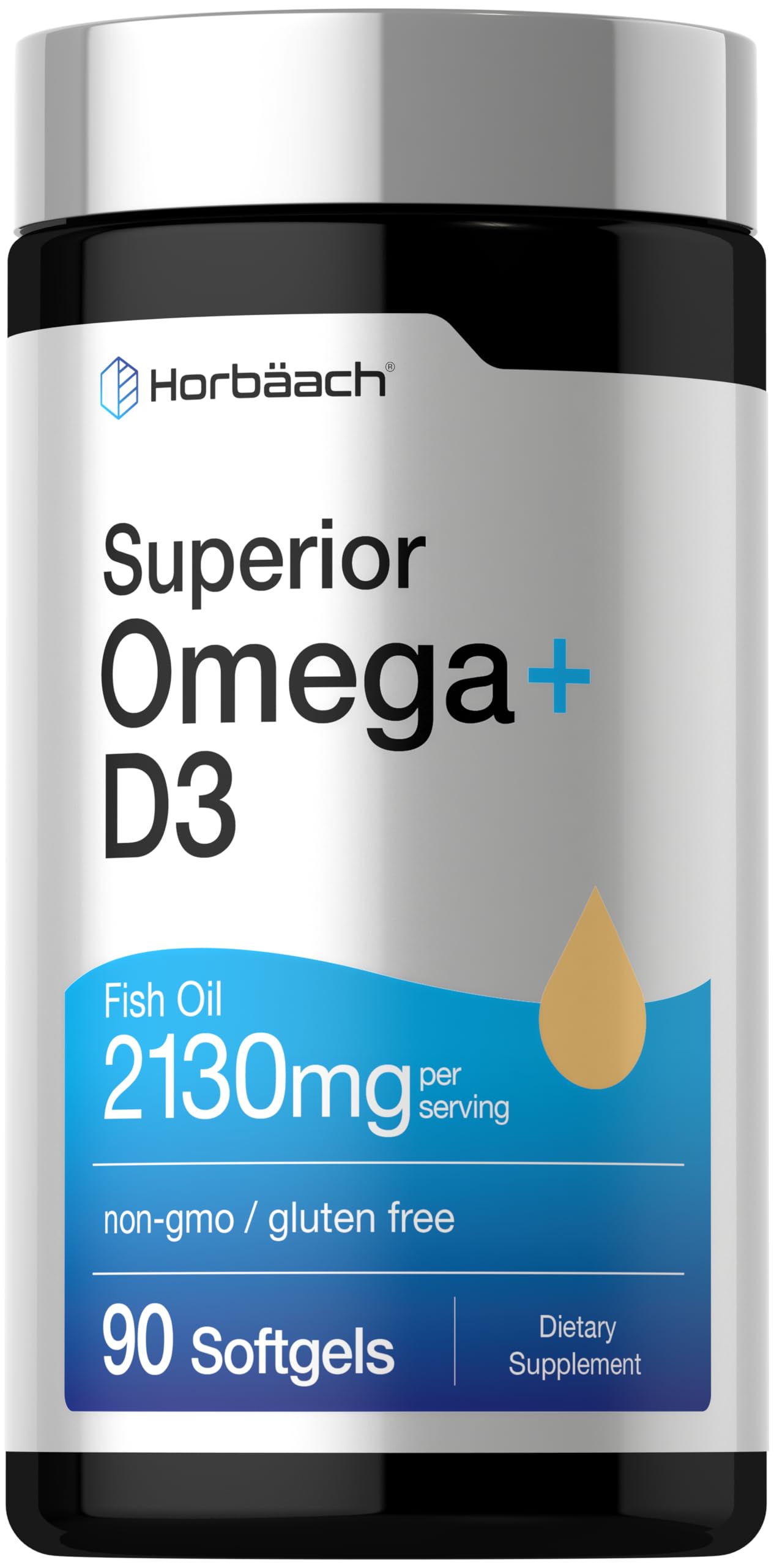 Horbäach frasco frontal de Omega + D3 mostrando 90 softgels y beneficios claros