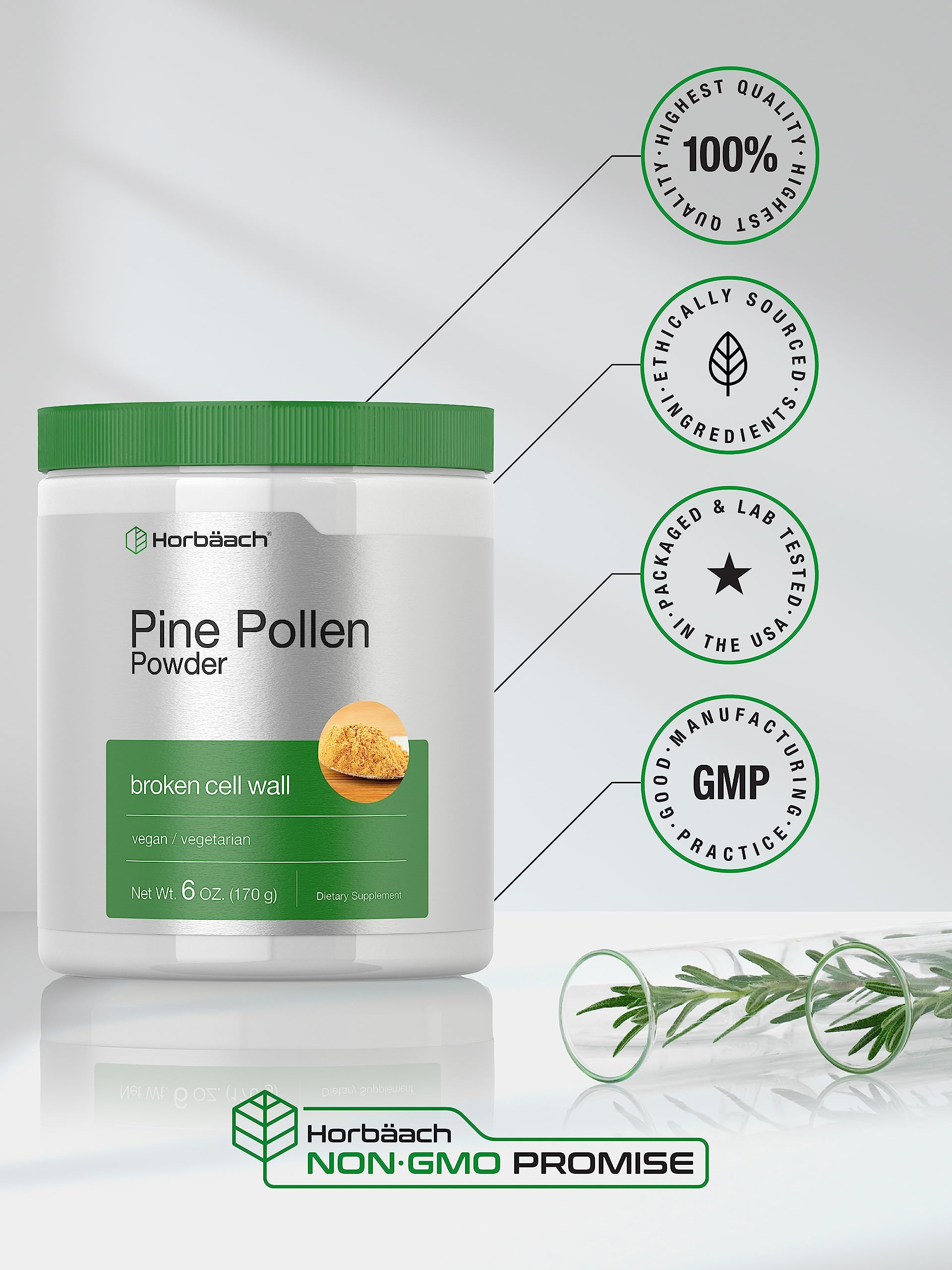 Horbäach Pine Pollen etiqueta informativa con ingredientes y pureza visible