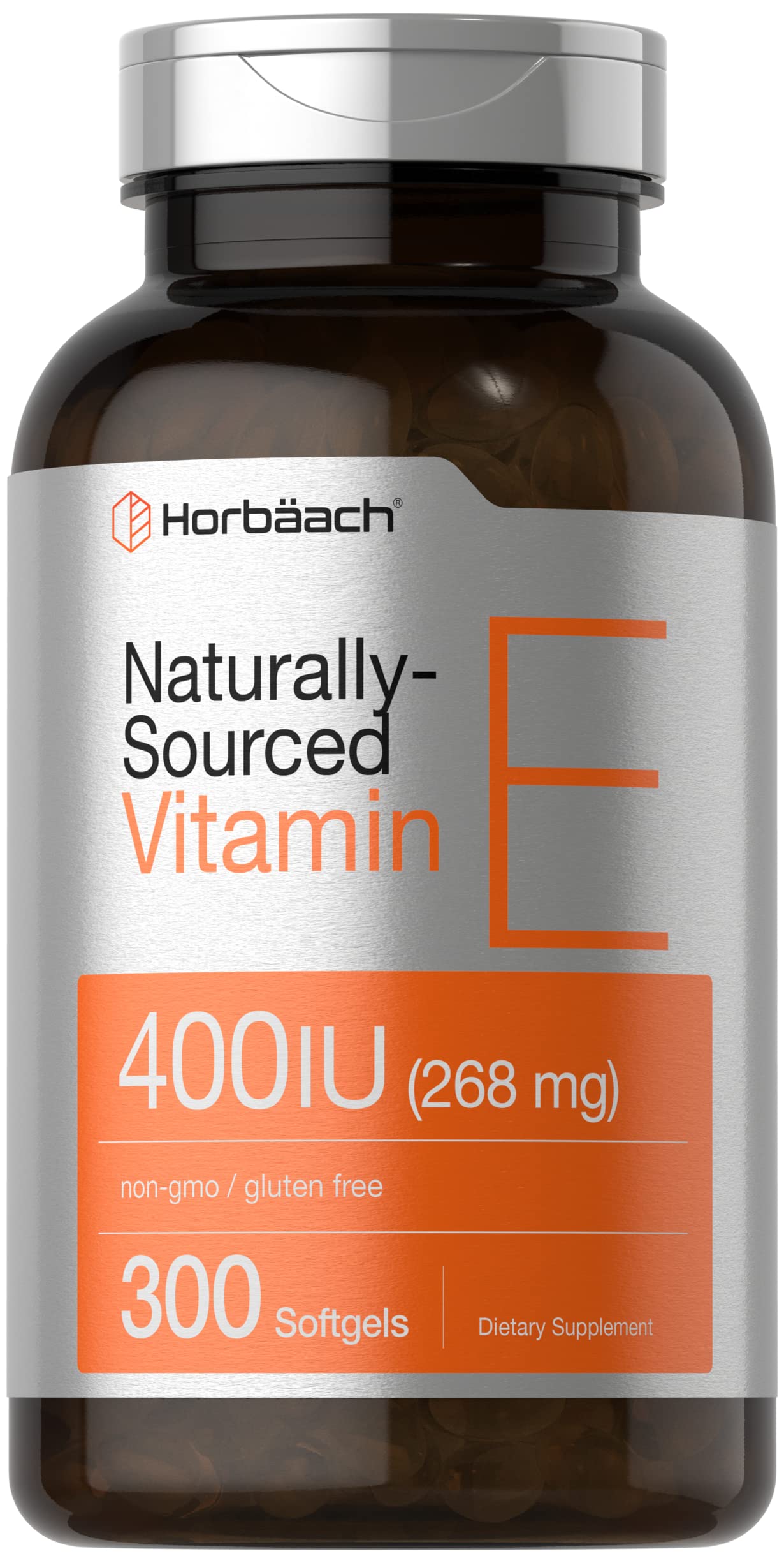 Horbäach envase frontal de vitamina E 400 IU, presentación clara y confianza