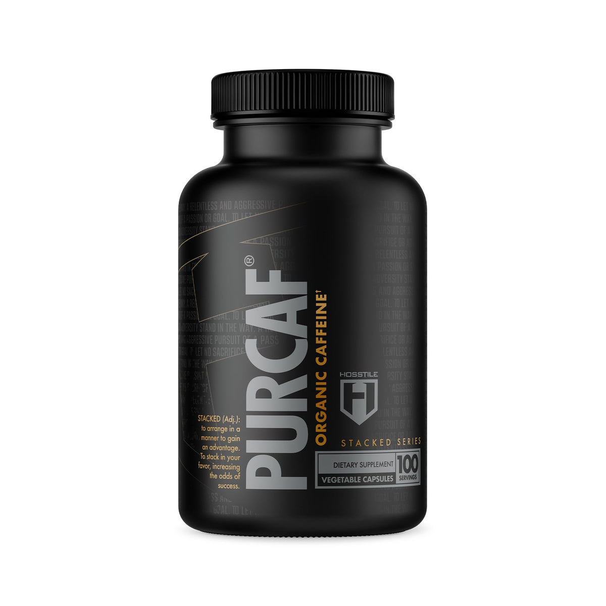 HOSSTILE frasco PurCaf frente mostrando diseño y claridad del producto