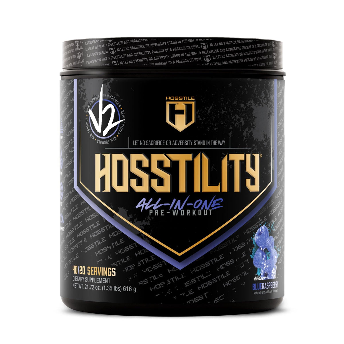 HOSSTILE frasco frontal mostrando diseño y sabor azul frambuesa