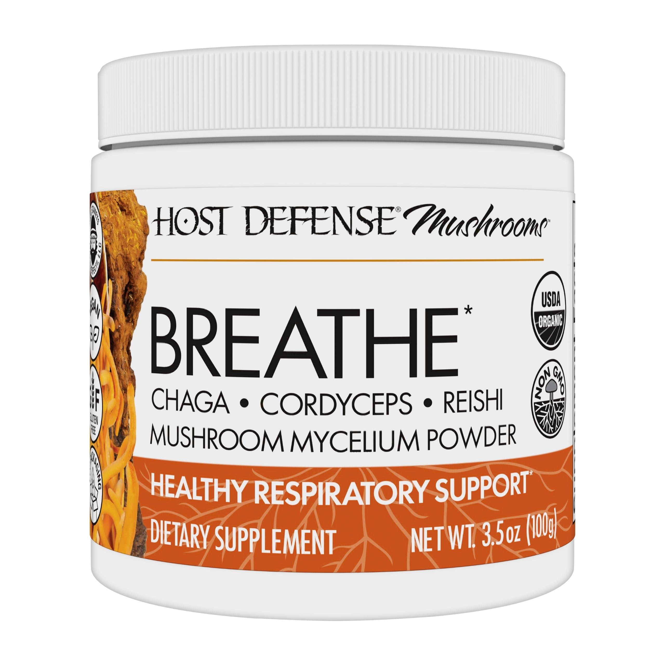Host Defense bote Breathe Powder frente mostrando etiquetado y tamaño