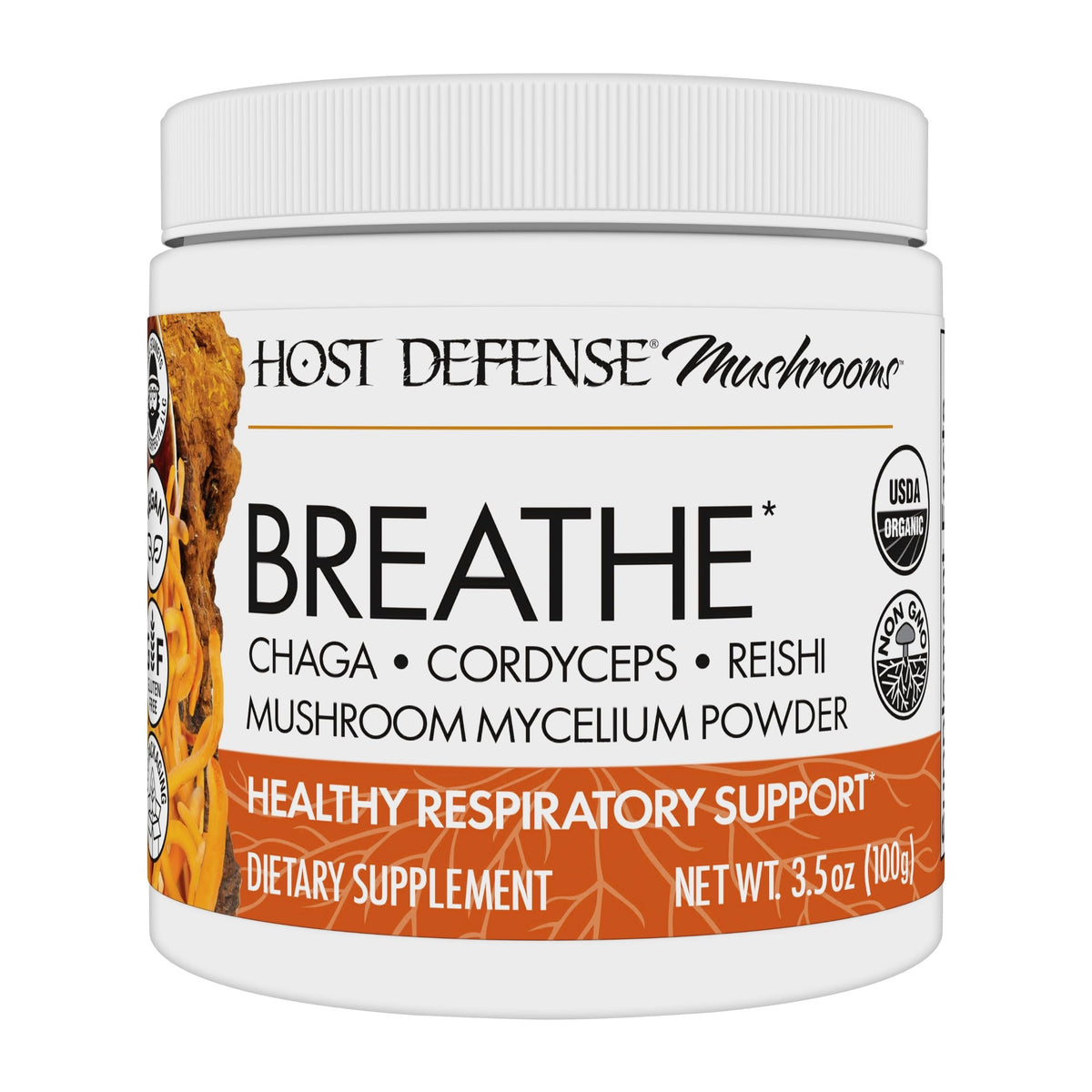 Host Defense bote Breathe Powder frente mostrando etiquetado y tamaño