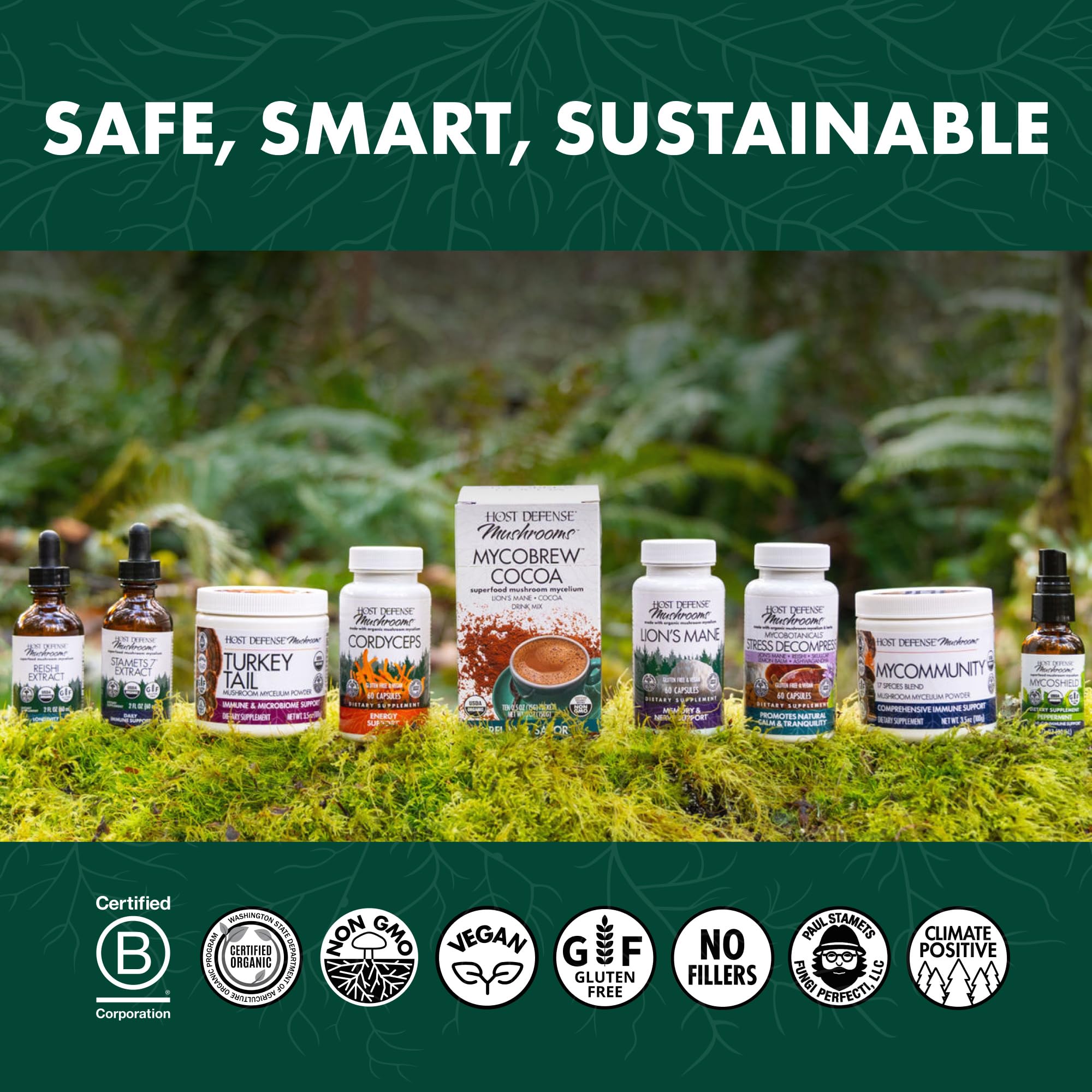Host Defense envase junto a mano para comparar tamaño y porciones del producto