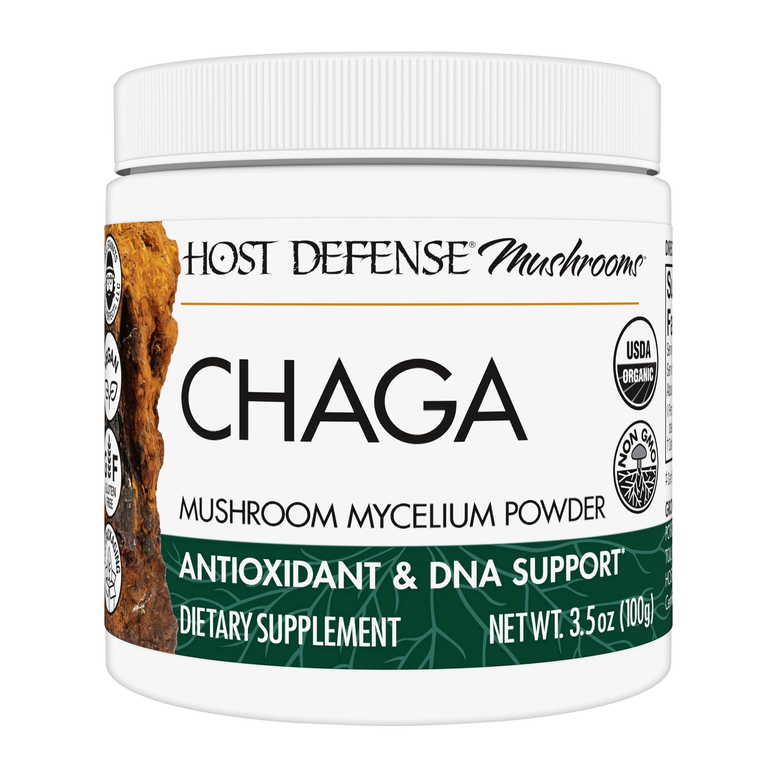 Host Defense envase frontal de Chaga Powder mostrando la presentación y beneficio práctico