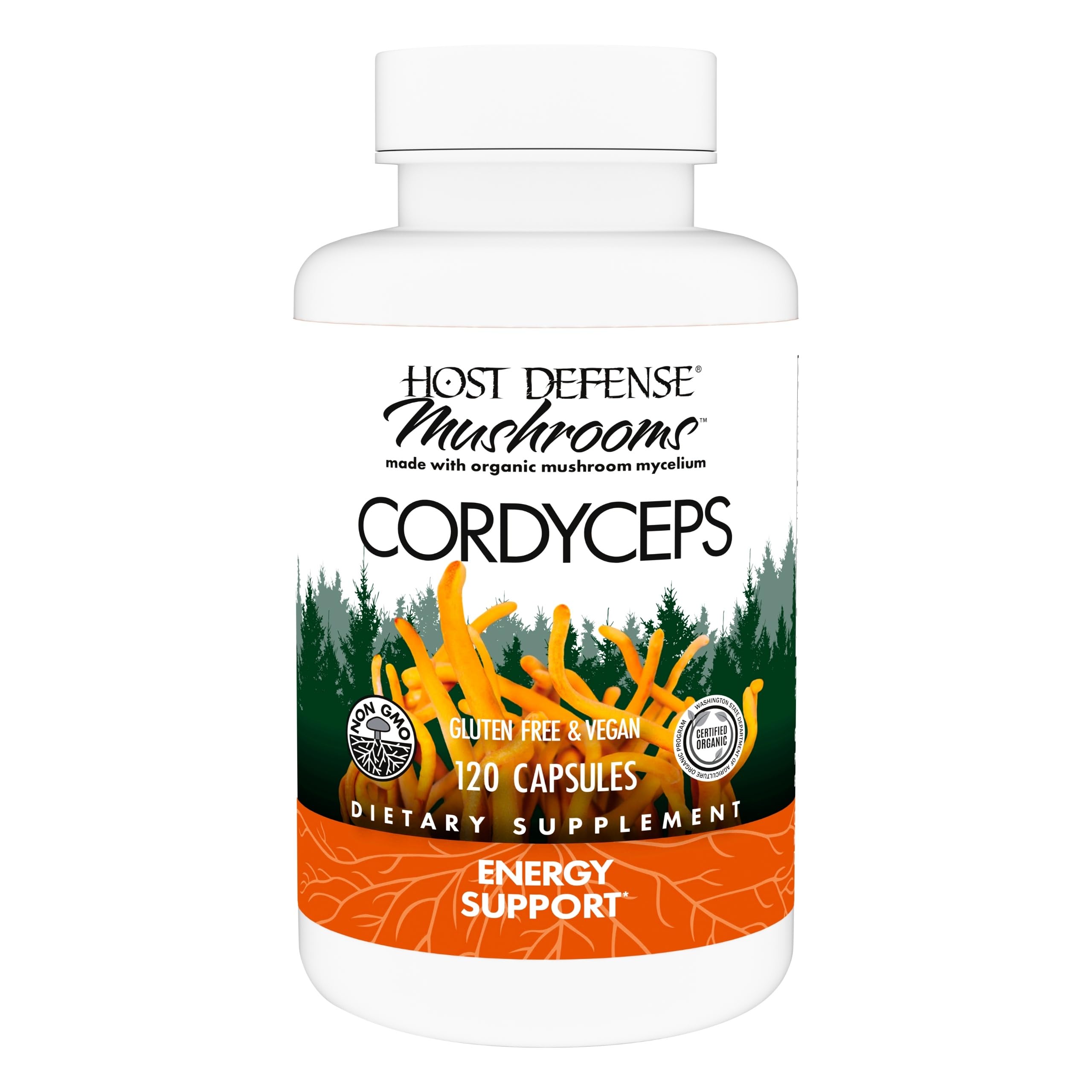Host Defense frasco frontal del suplemento Cordyceps mostrando etiqueta clara y beneficios