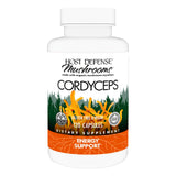 Host Defense frasco frontal del suplemento Cordyceps mostrando etiqueta clara y beneficios