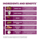 Host Defense etiqueta con lista de ingredientes y certificaciones