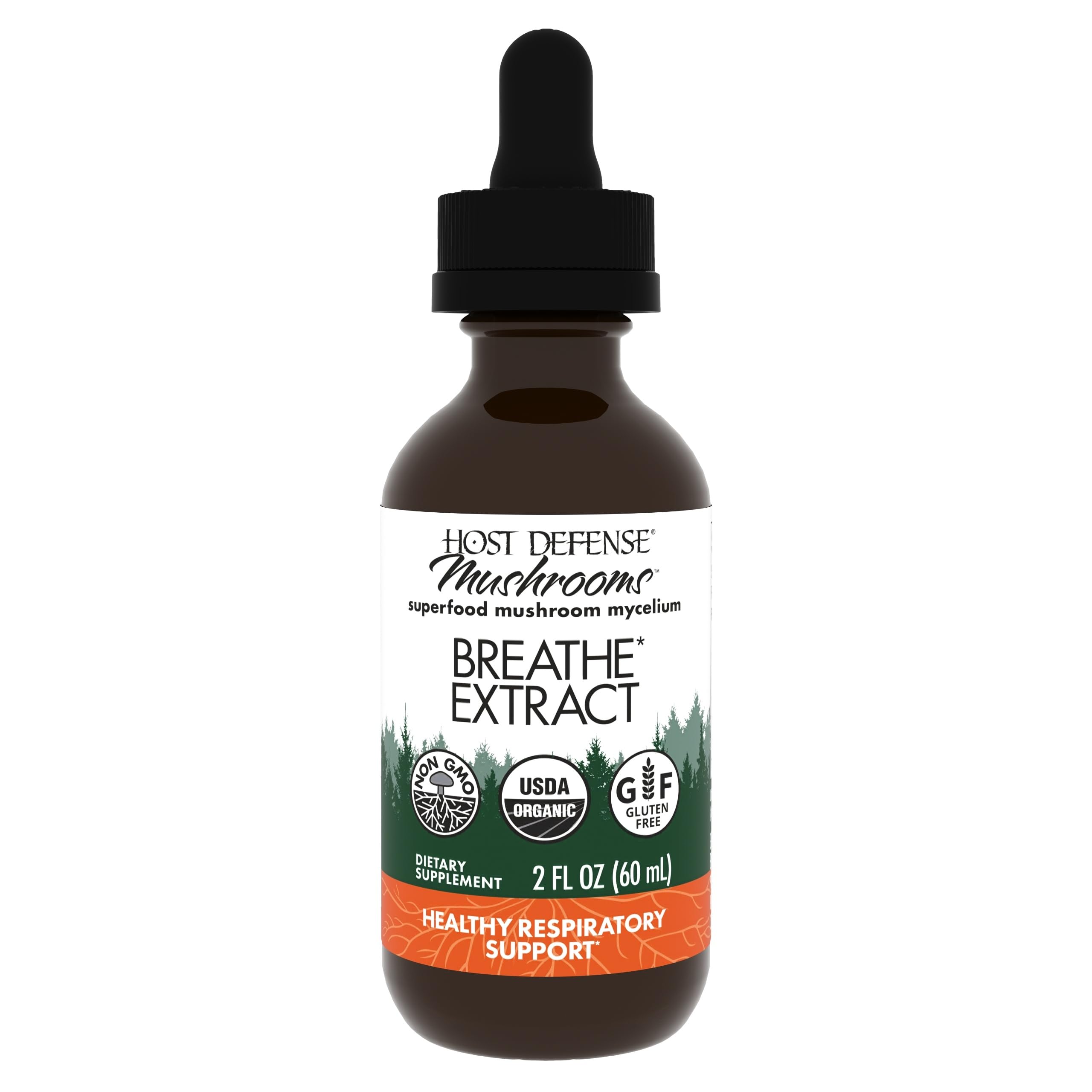 Host Defense frasco de Breathe Extract mostrado en fondo blanco beneficios respiratorios