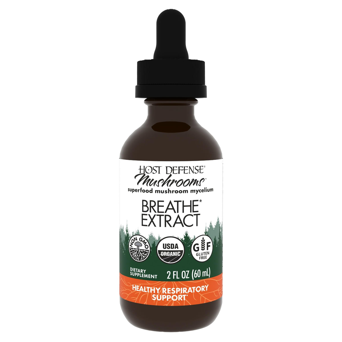 Host Defense frasco de Breathe Extract mostrado en fondo blanco beneficios respiratorios