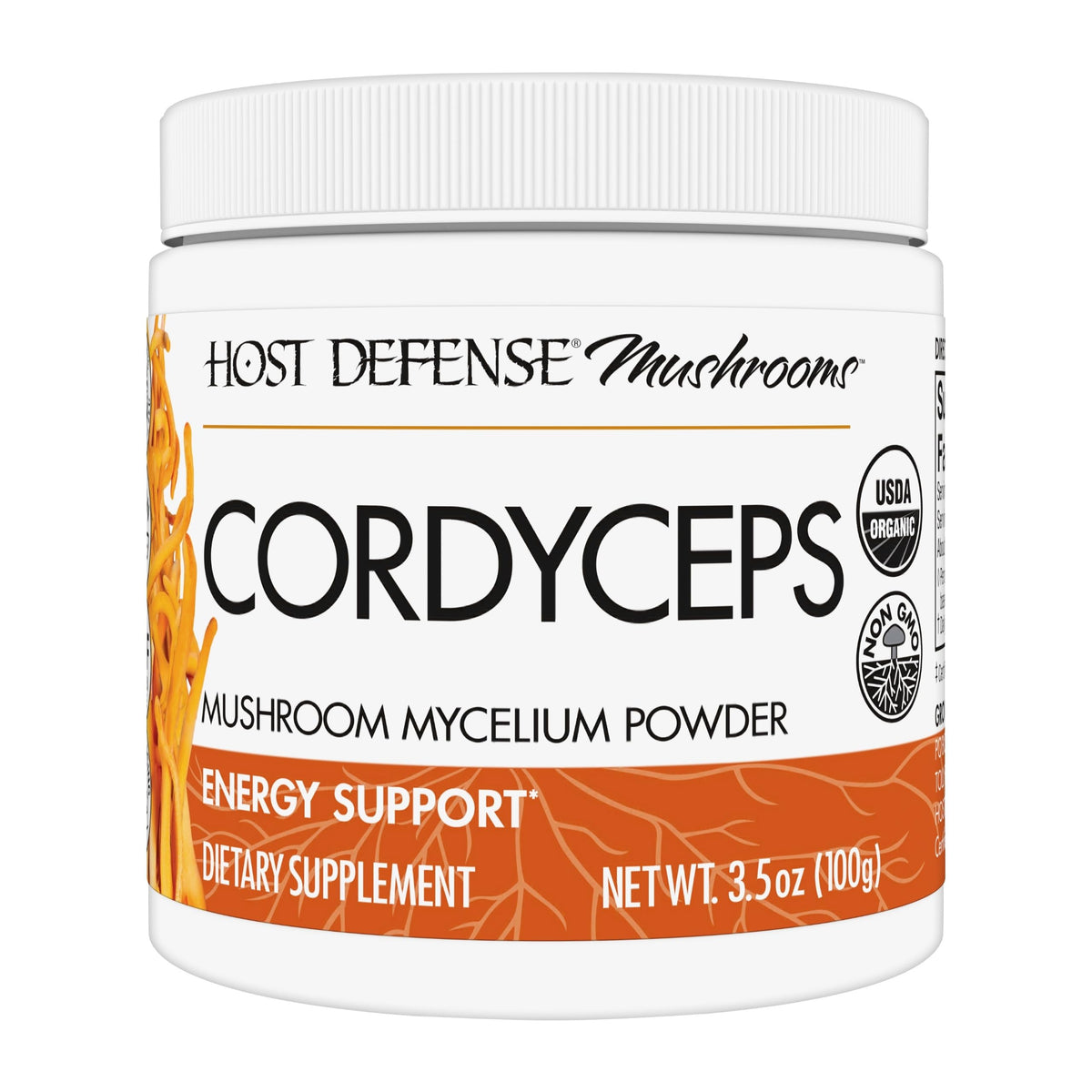 Host Defense frente del envase Cordyceps mostrando etiqueta clara y beneficios