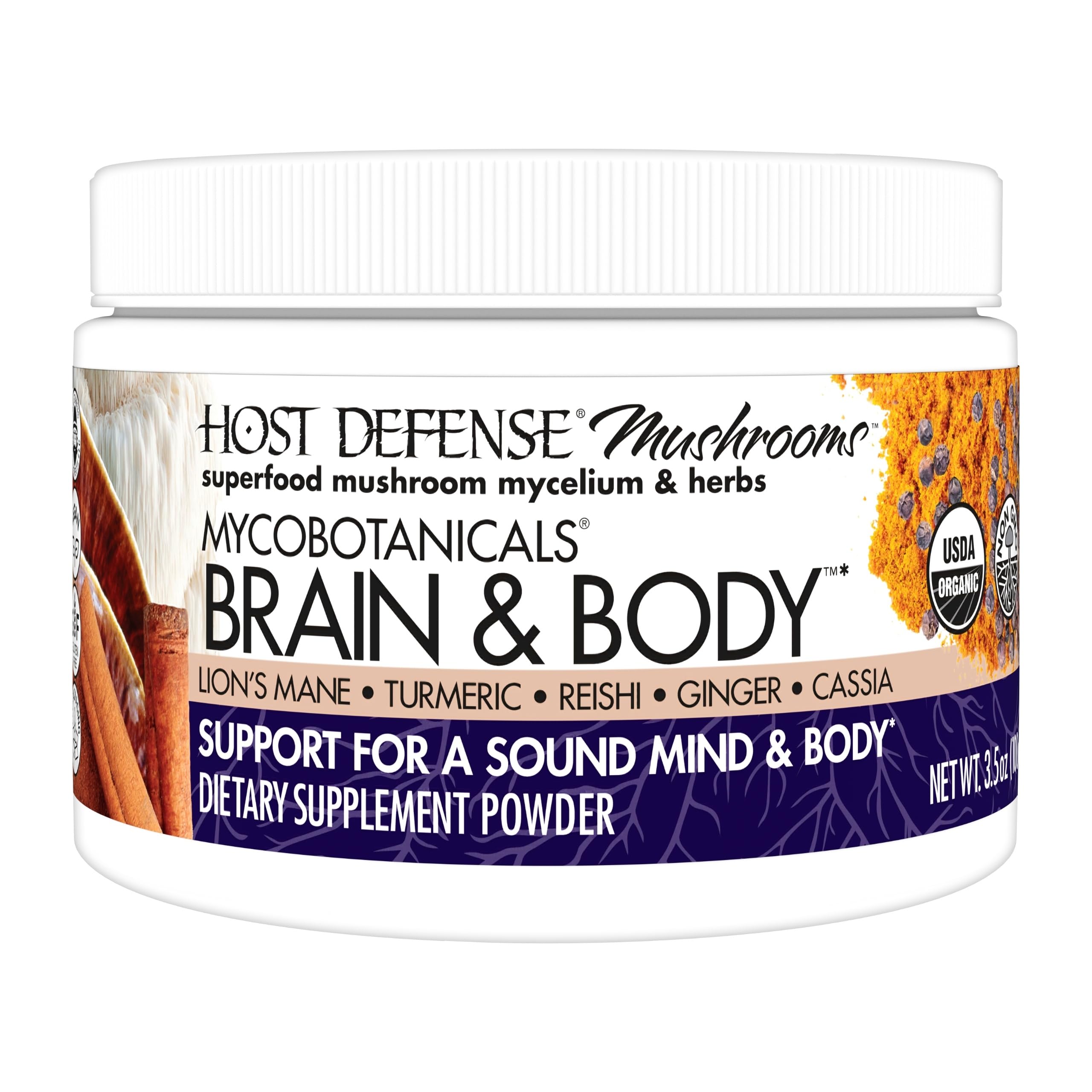 Host Defense envase frontal Brain & Body mostrando diseño y tamaño práctico