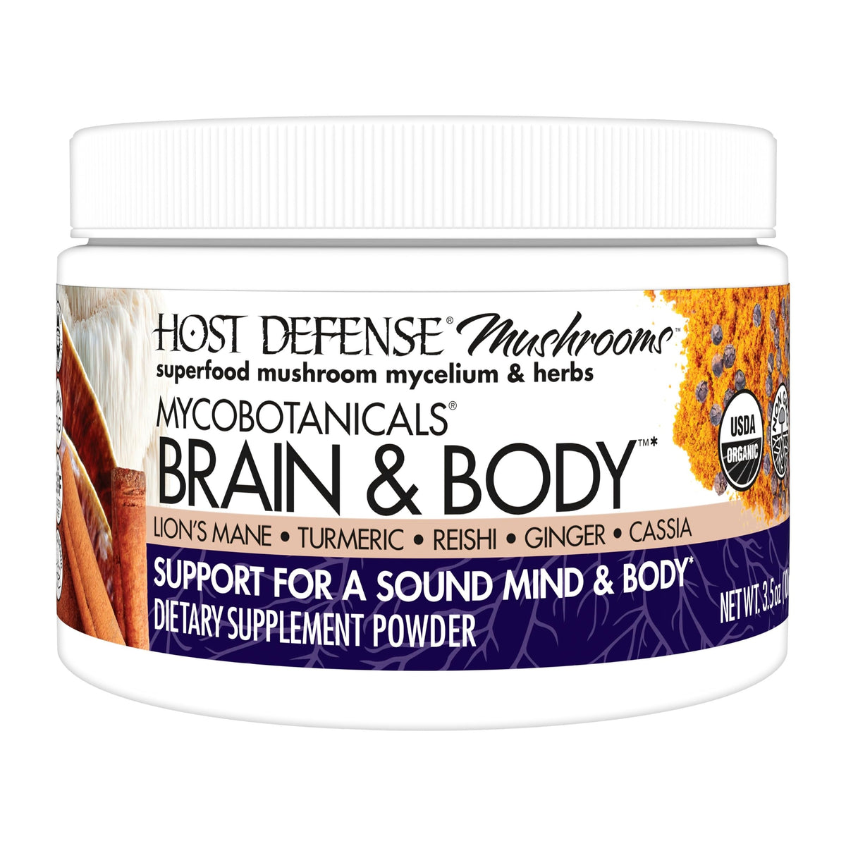 Host Defense envase frontal Brain & Body mostrando diseño y tamaño práctico