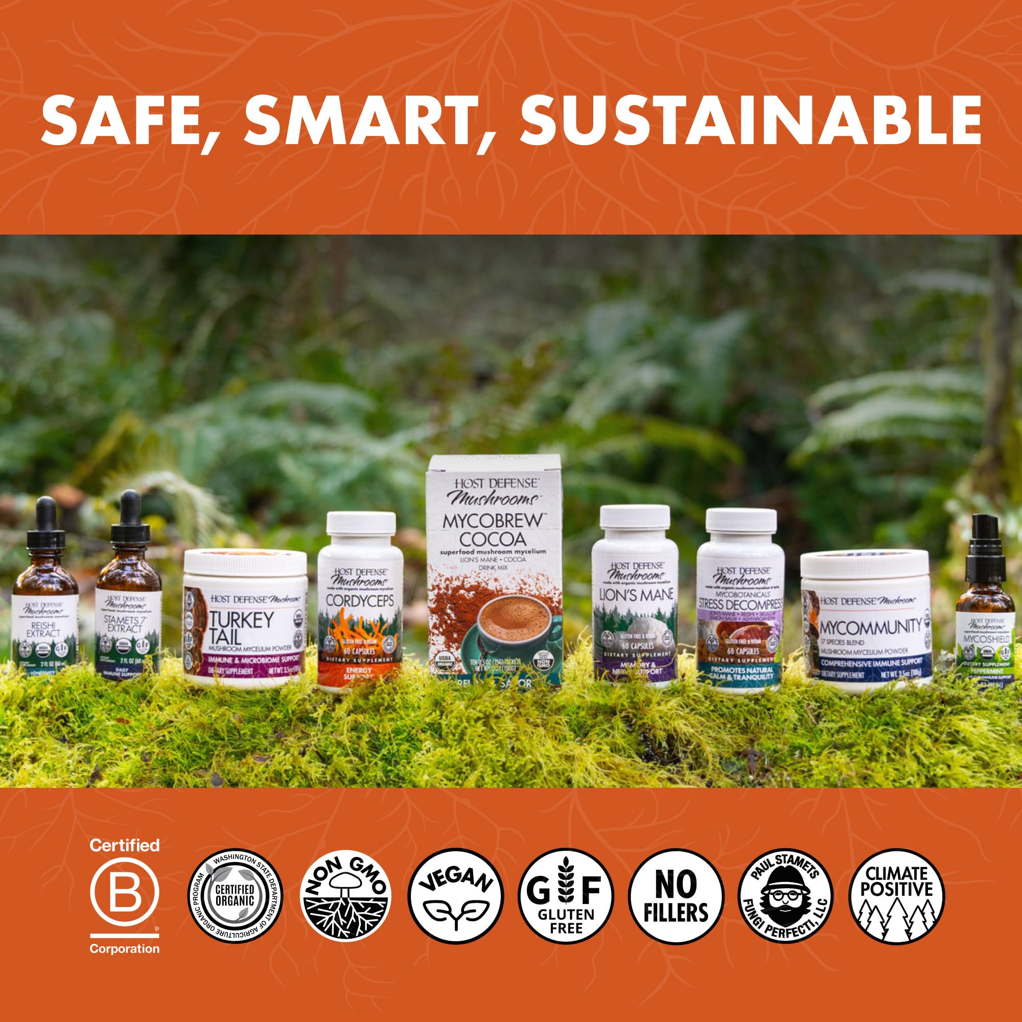 Host Defense etiqueta con información nutricional y certificaciones visibles