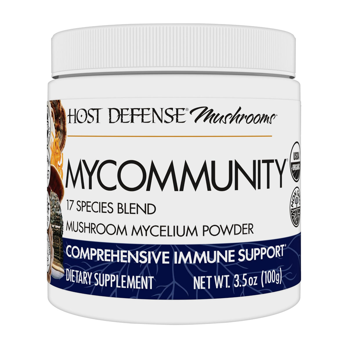 Host Defense MyCommunity frontal del envase mostrando la marca y tamaño
