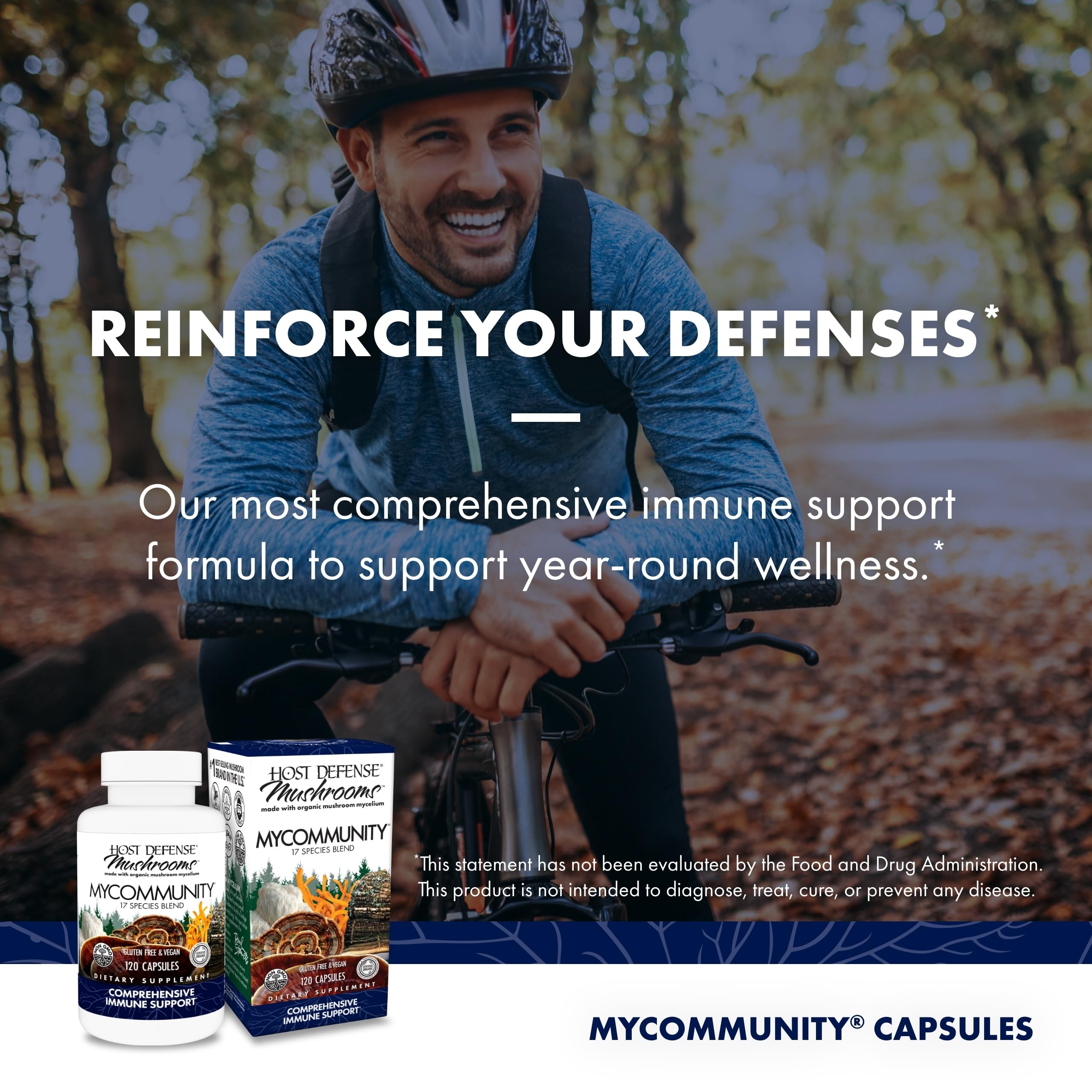 Host Defense MyCommunity etiqueta con lista de hongos y beneficios