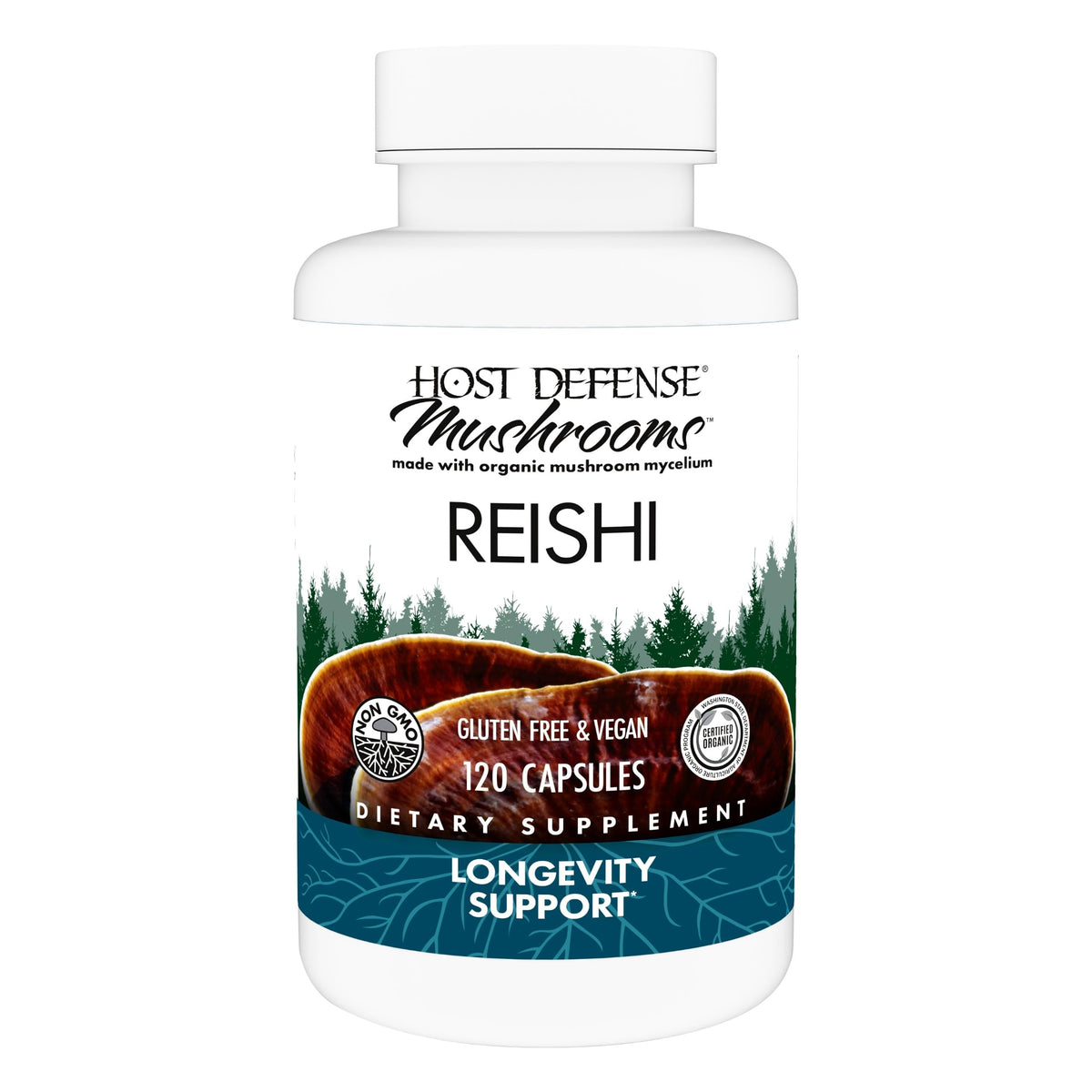 Host Defense reishi frasco frontal mostrando diseño y cantidad útil