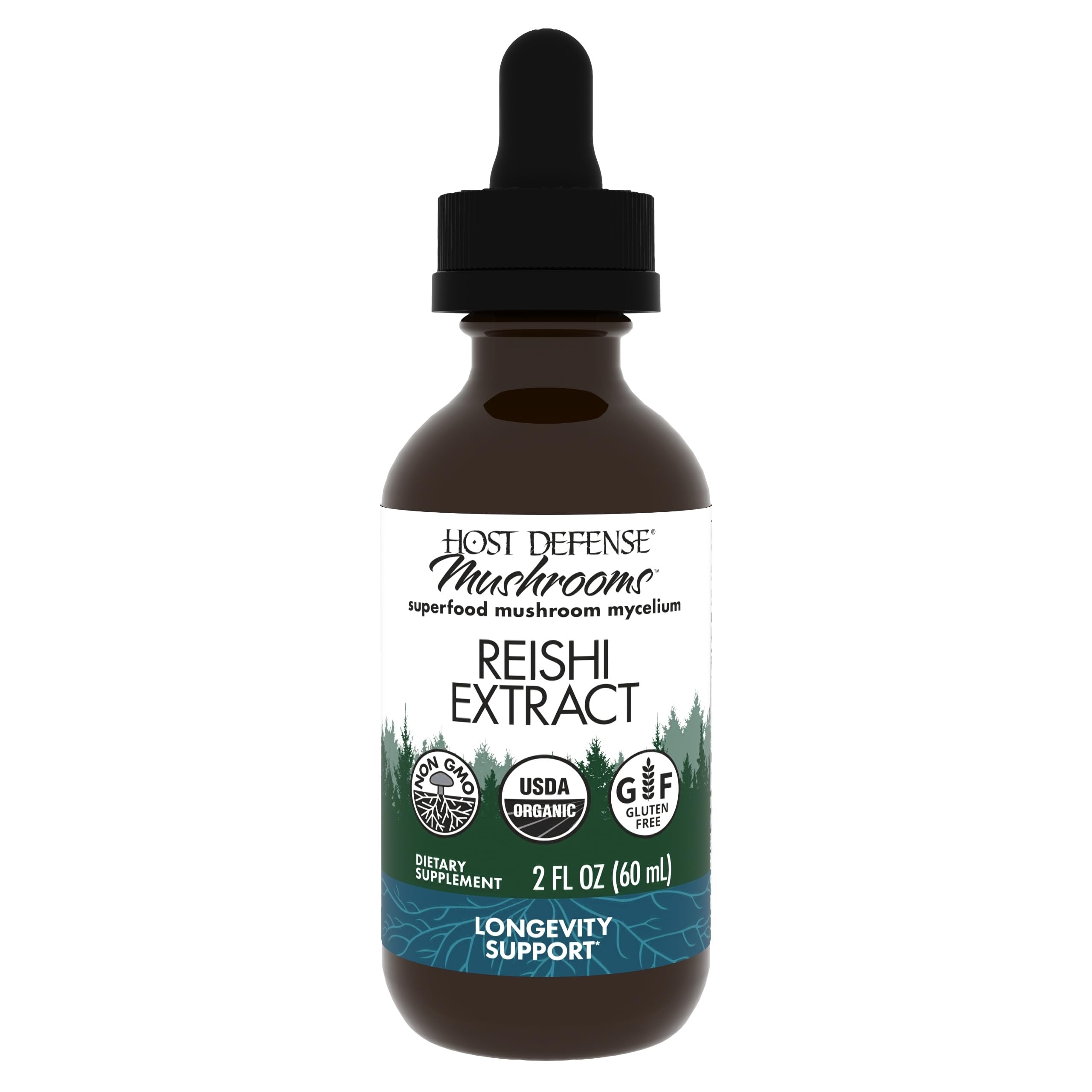Host Defense frasco de Reishi Extract mostrando el frente y etiqueta informativa