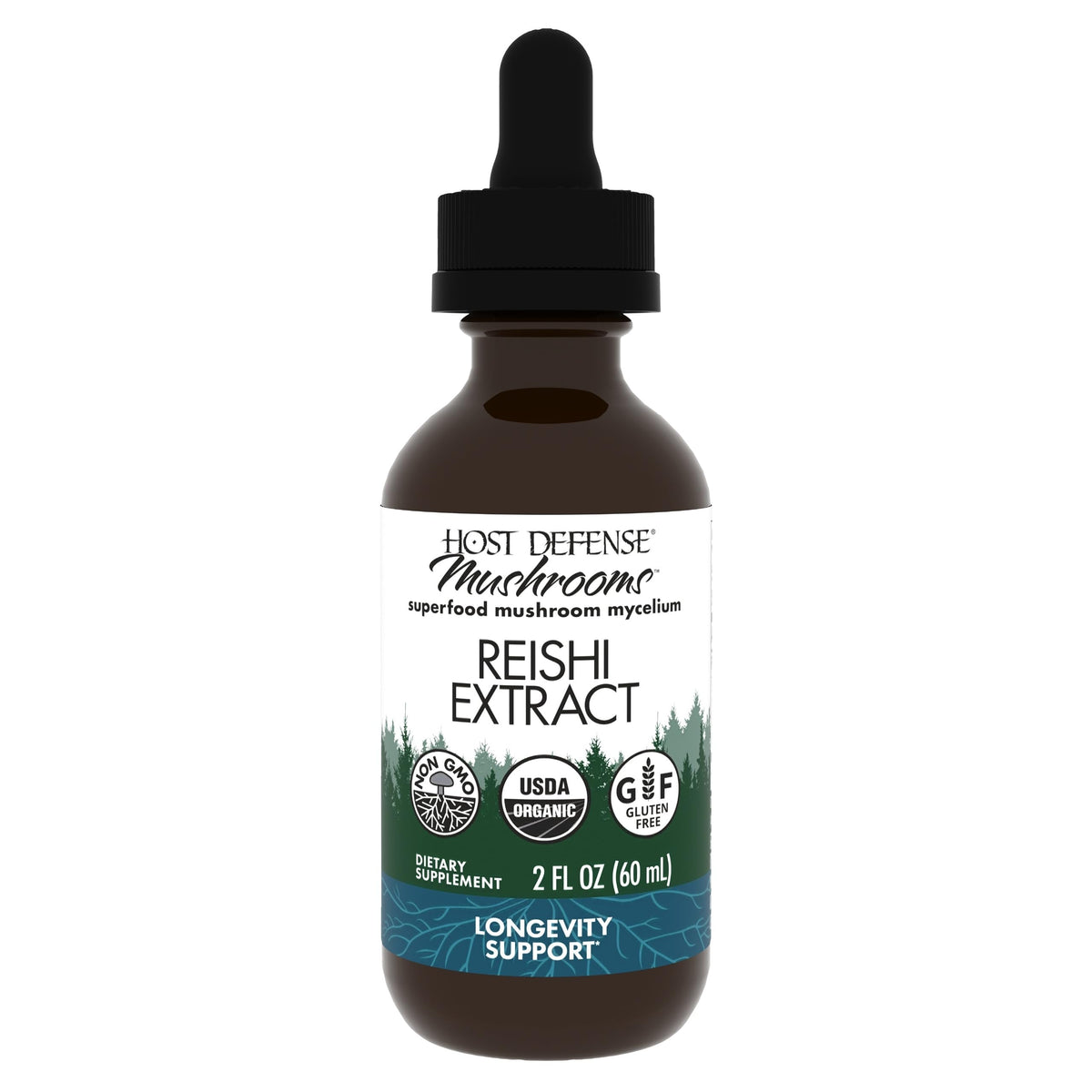 Host Defense frasco de Reishi Extract mostrando el frente y etiqueta informativa