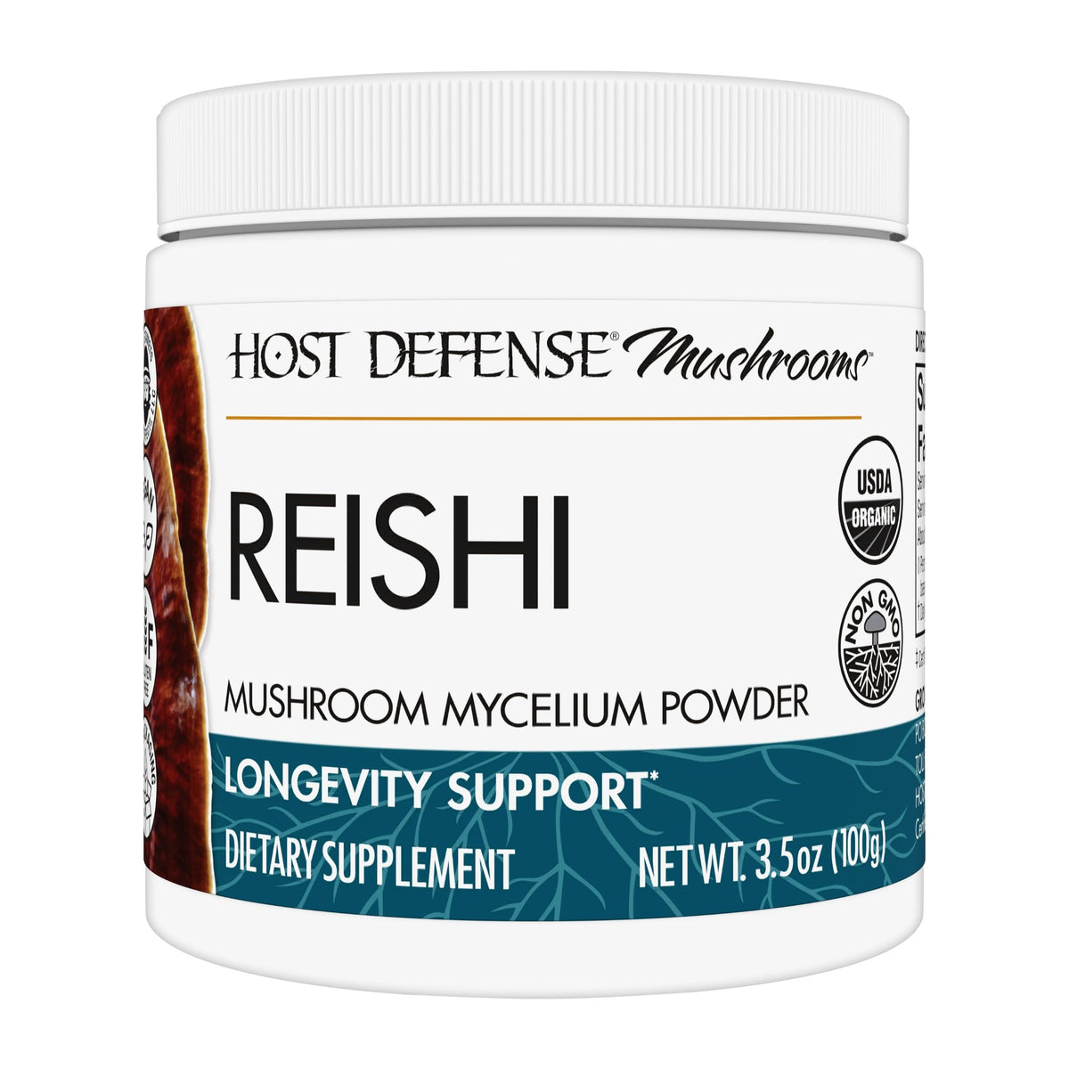Host Defense frasco frontal del reishi en polvo mostrando tamaño y diseño