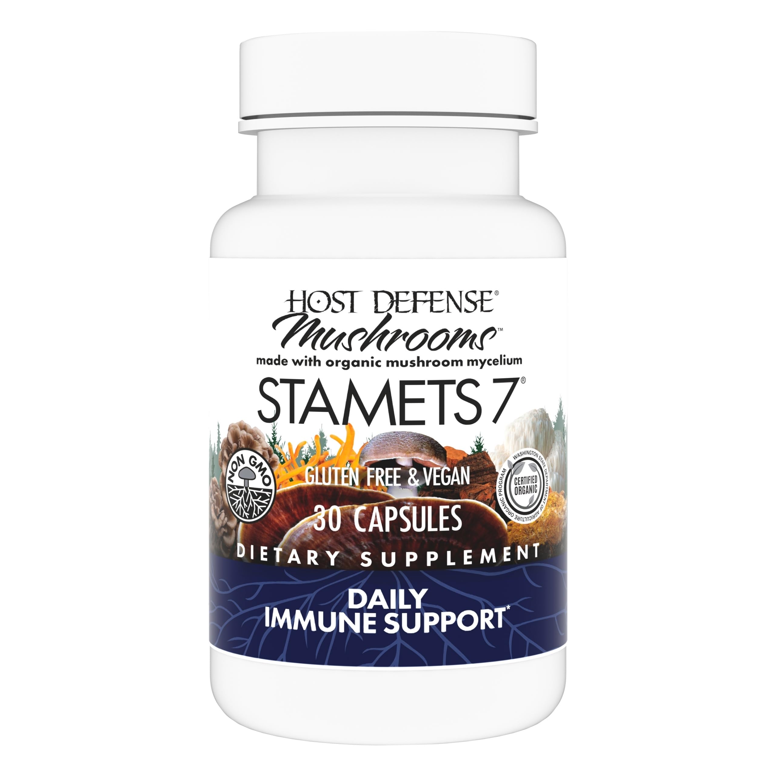 Host Defense frasco Stamets 7 vista frontal muestra envase claro y confianza