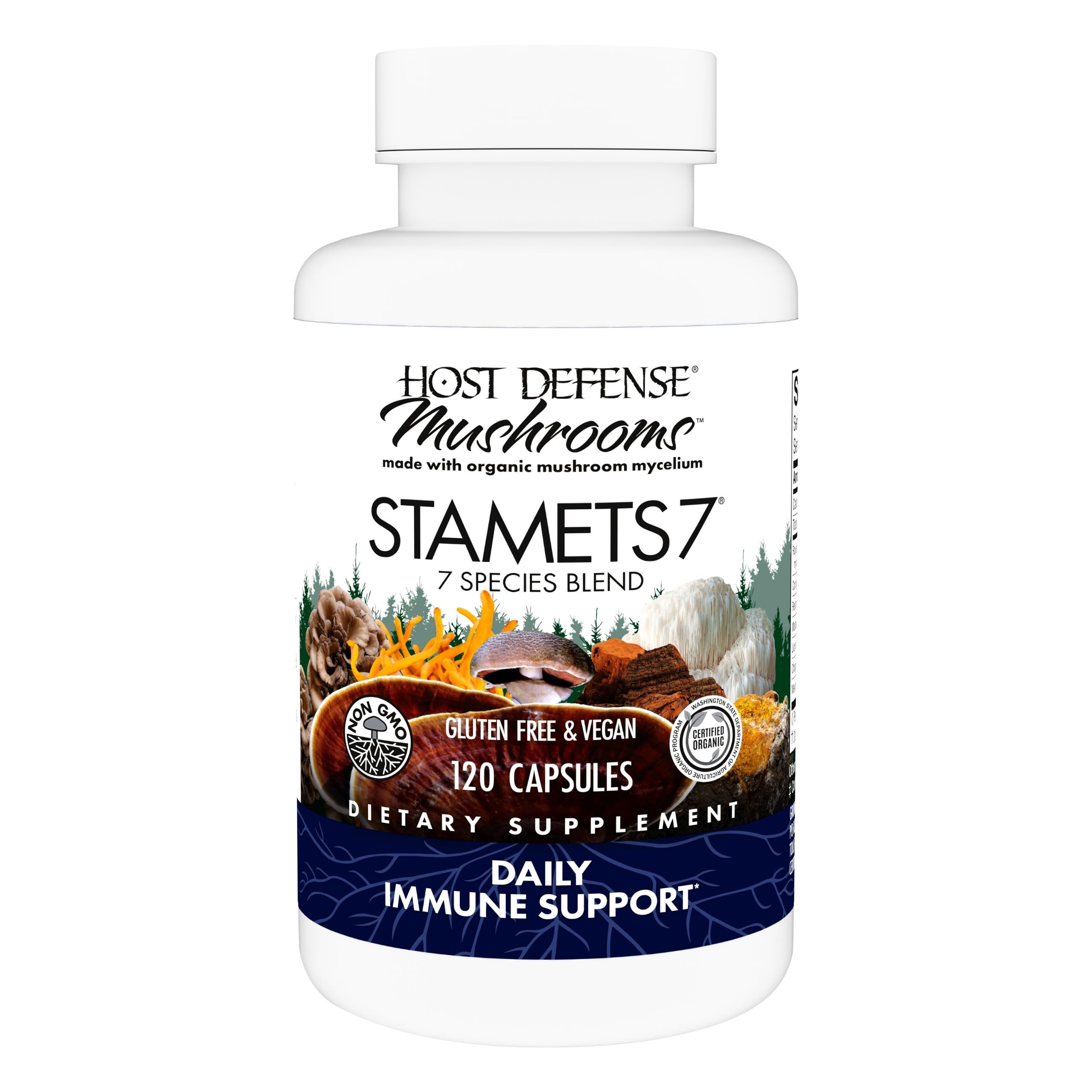 Host Defense Stamets 7 vista frontal del envase y beneficios de mezcla multiespecie