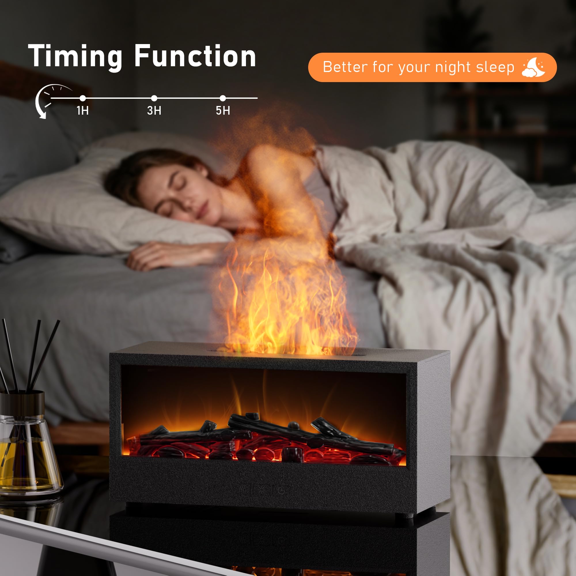 Hotwill difusor en dormitorio mostrando vapor suave y ambiente relajante para dormir