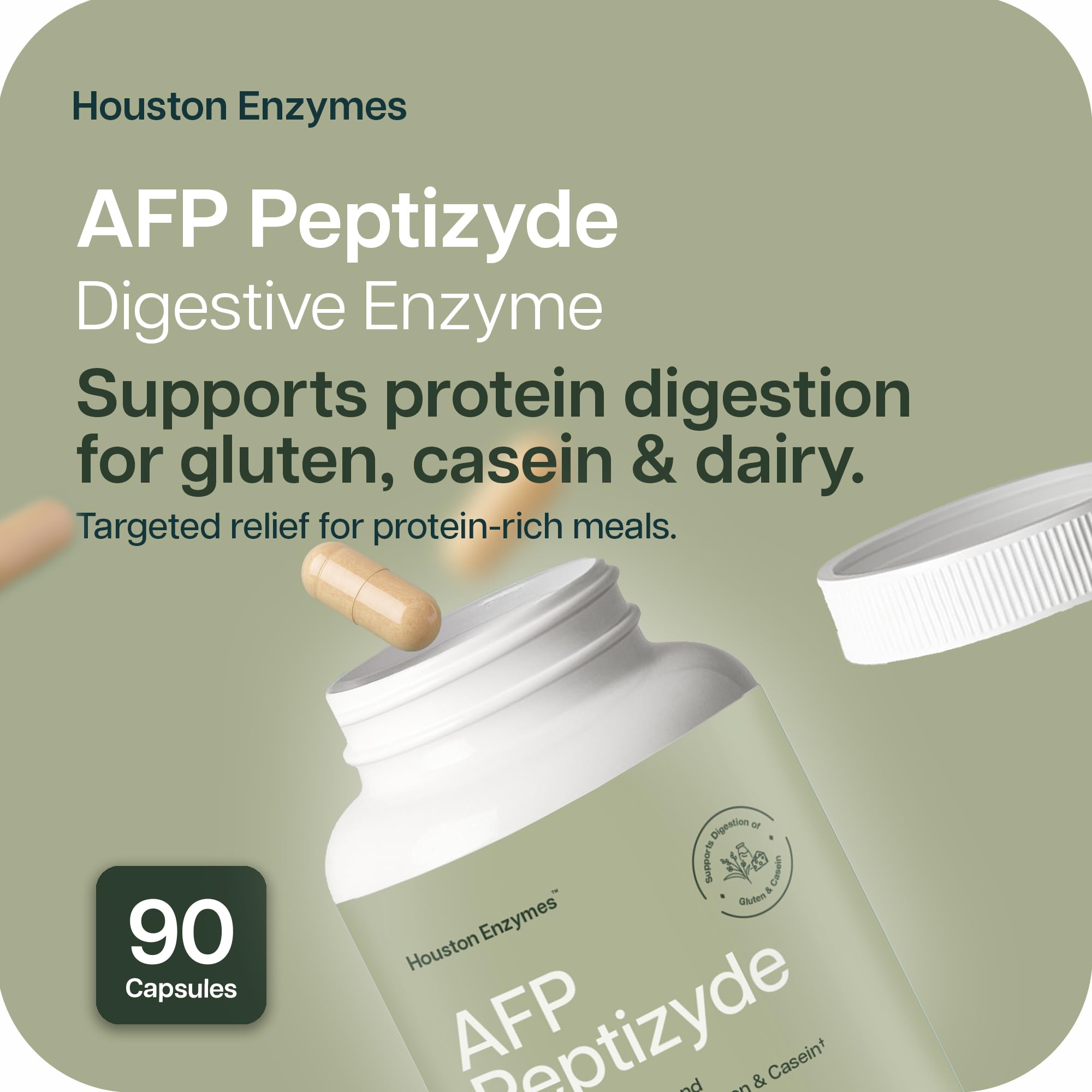 Houston Enzymes cápsula en mano que ilustra dosificación práctica