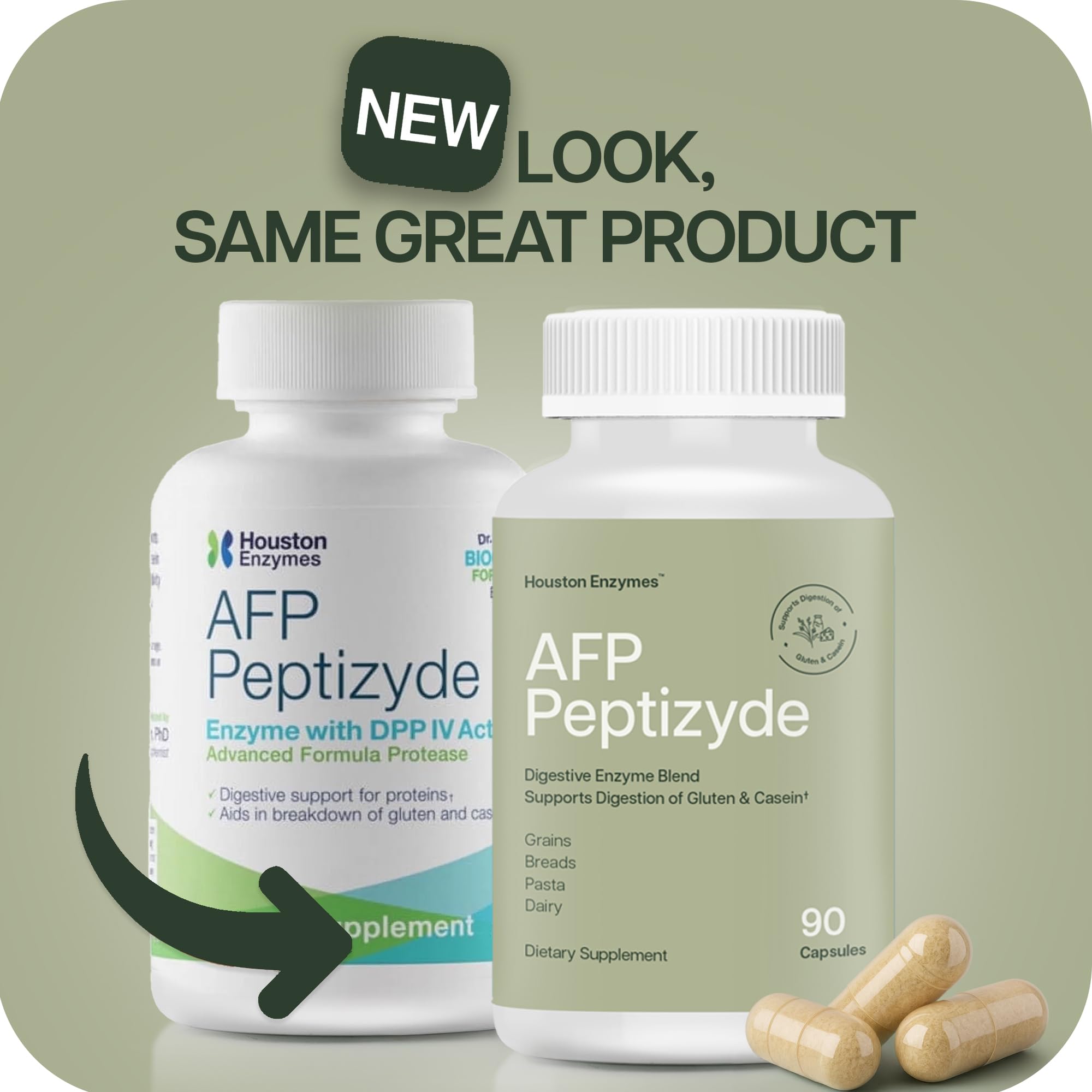 Houston Enzymes cápsula junto a un plato con lácteos y pan apoyo proteico