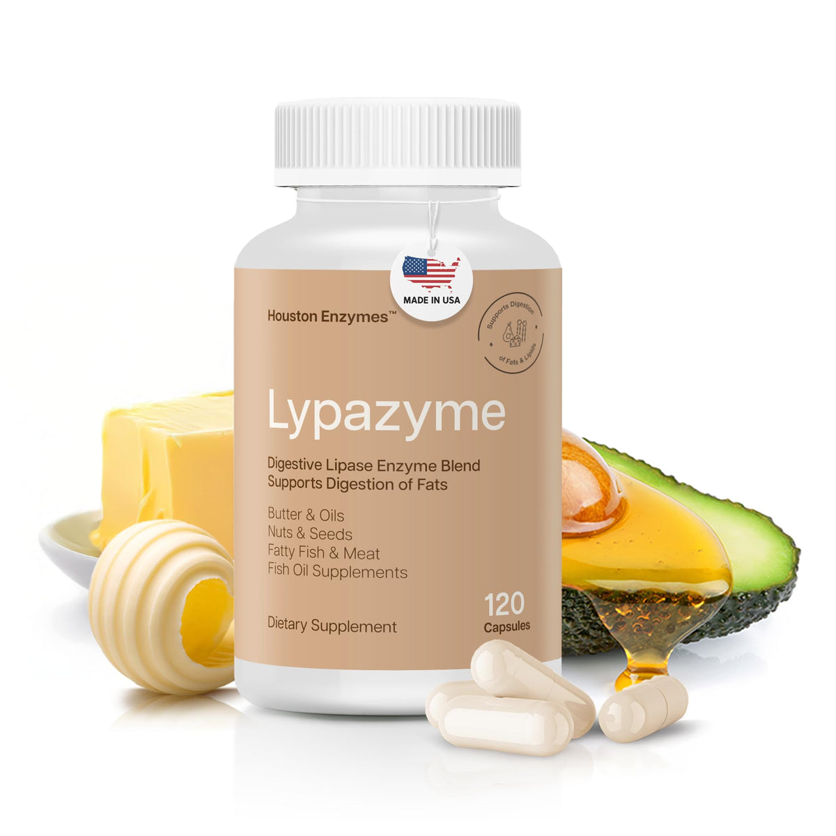 Houston Enzymes Lypazyme frontal mostrando envase y beneficio digestivo