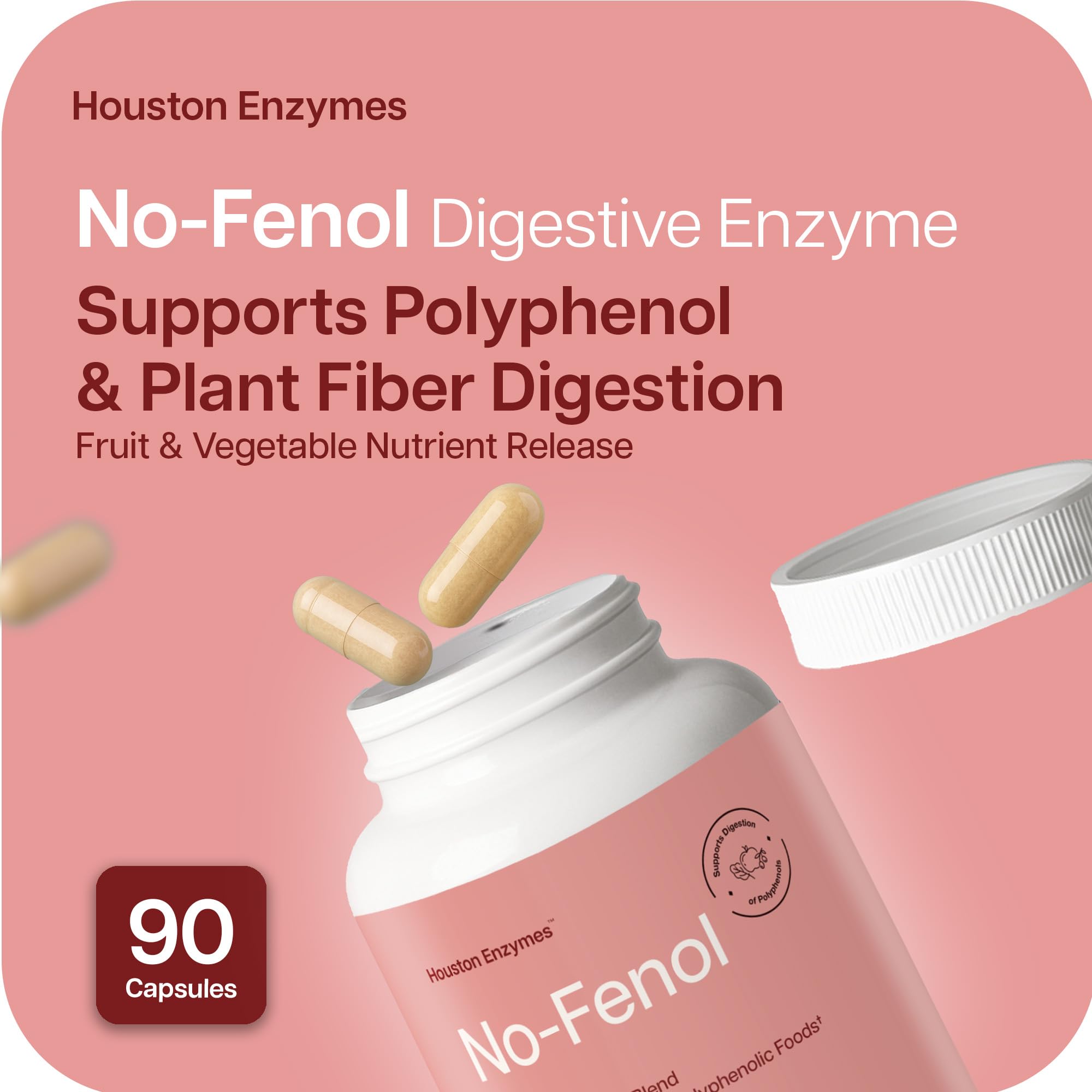 Houston Enzymes cápsulas alineadas que ilustran facilidad de ingestión y uso diario