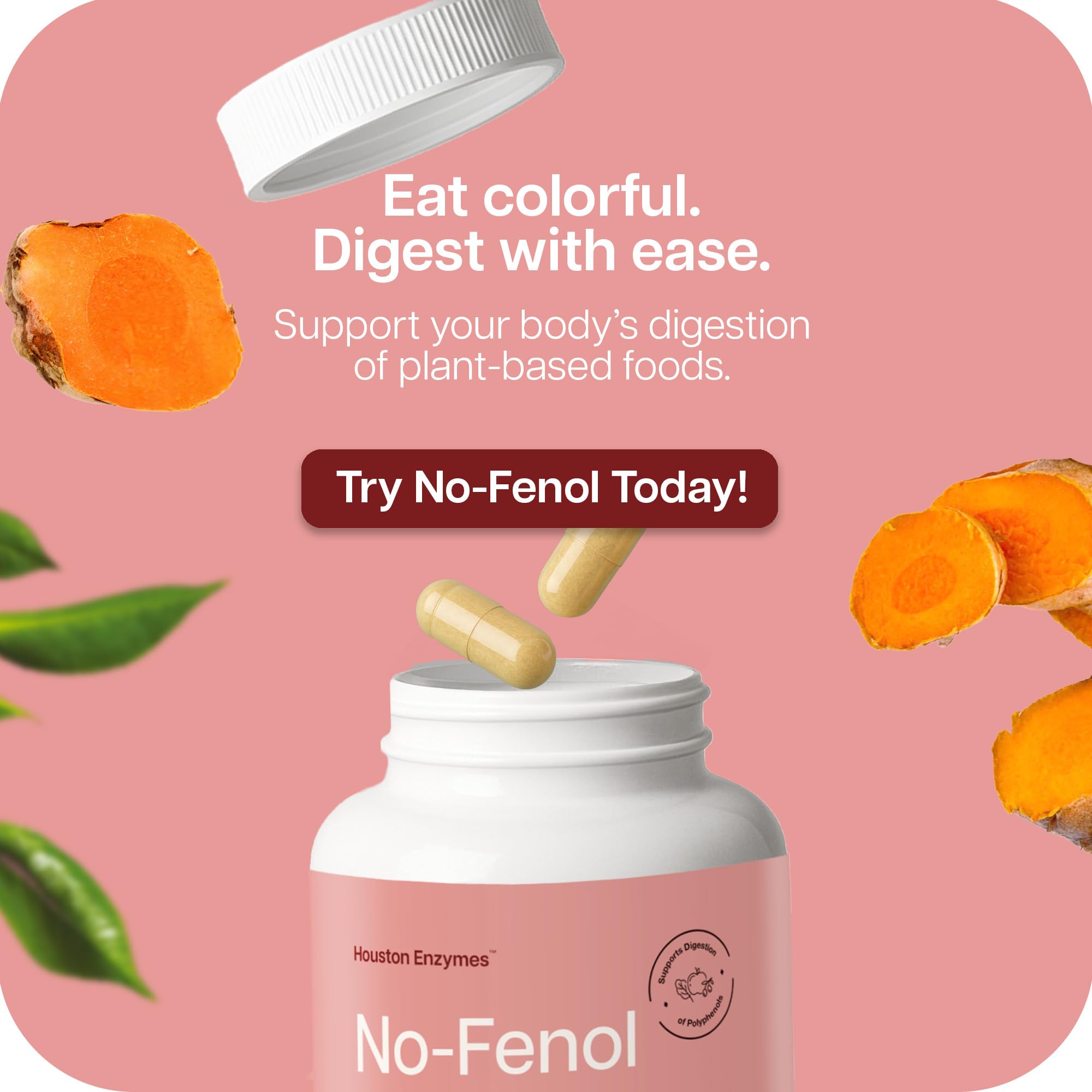 Houston Enzymes bote en cocina junto a frutas y verduras, uso práctico en comidas diarias
