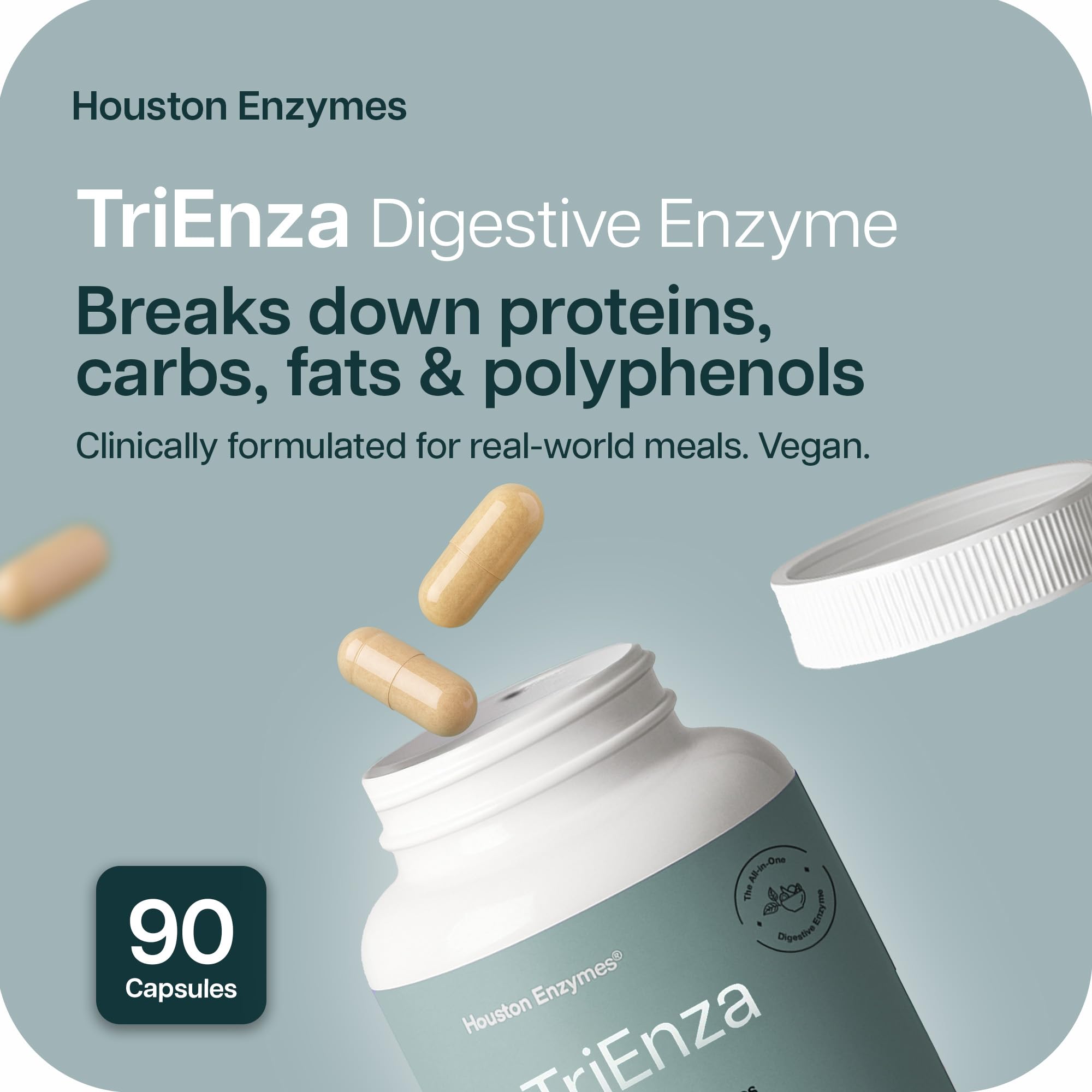 Houston Enzymes TriEnza botella inclinada mostrando diseño y claridad