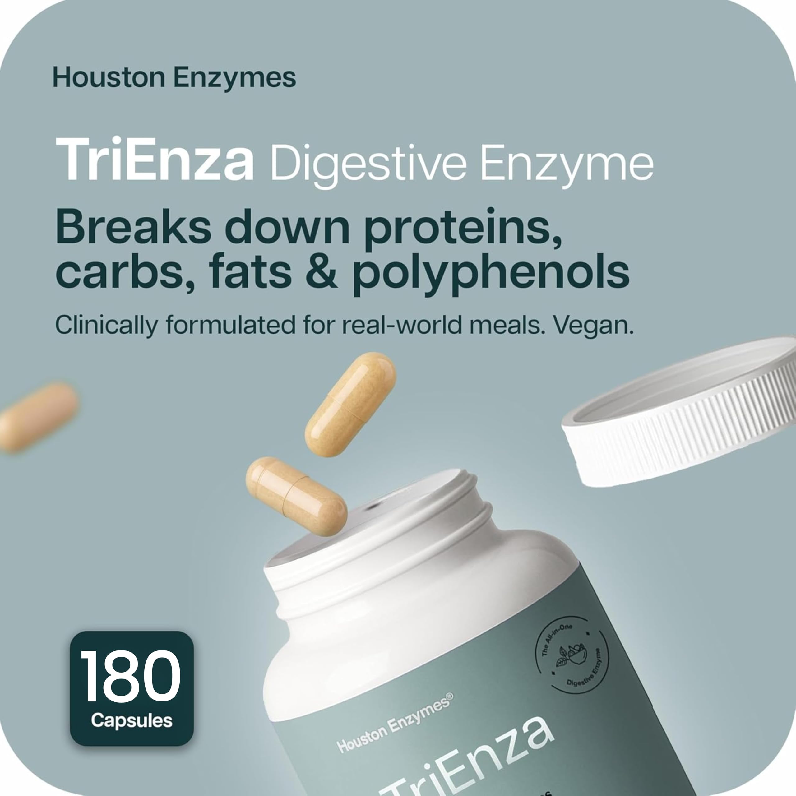 Houston Enzymes cápsula cerca, detalle de tamaño y textura para fácil ingestión