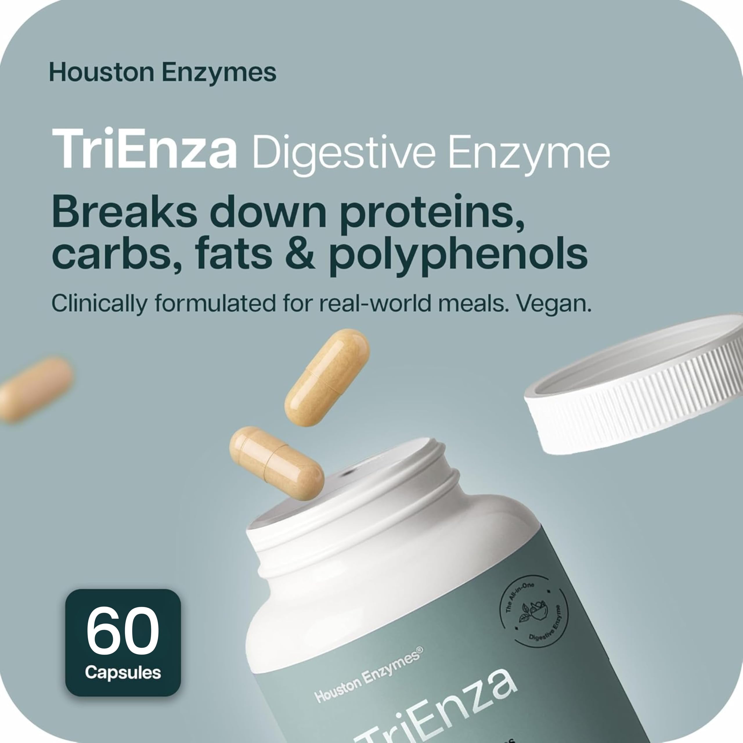 Houston Enzymes cápsula junto a mano para referencia de tamaño