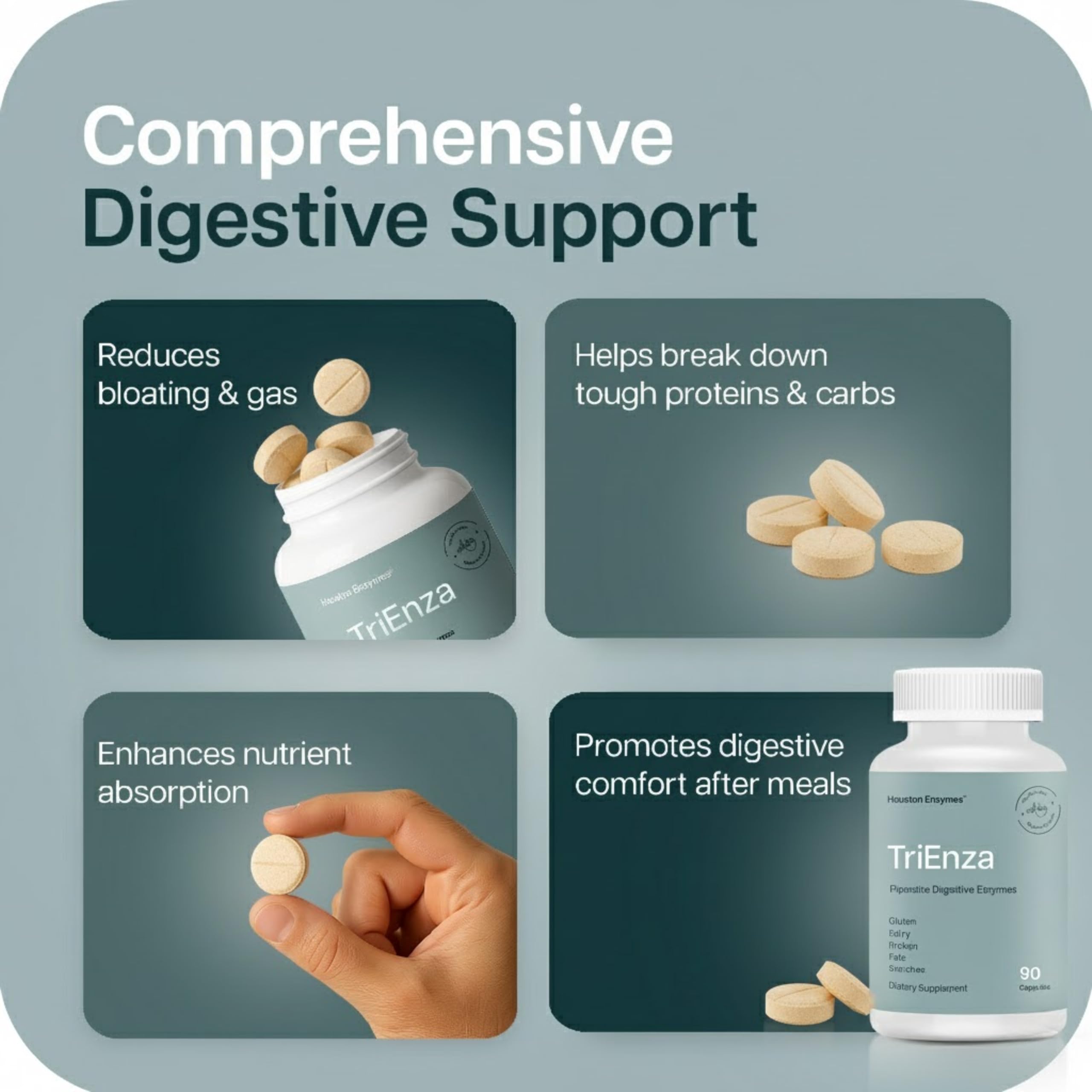 Houston Enzymes tabletas junto a moneda para comparar tamaño y portabilidad