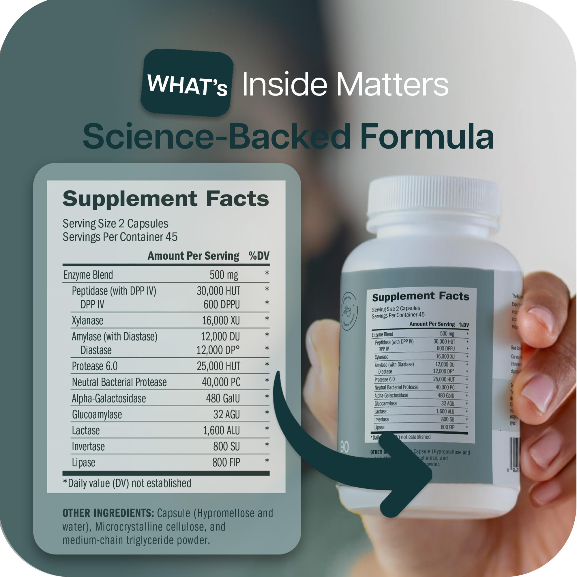 Houston Enzymes empaque lateral con instrucciones claras y visibles