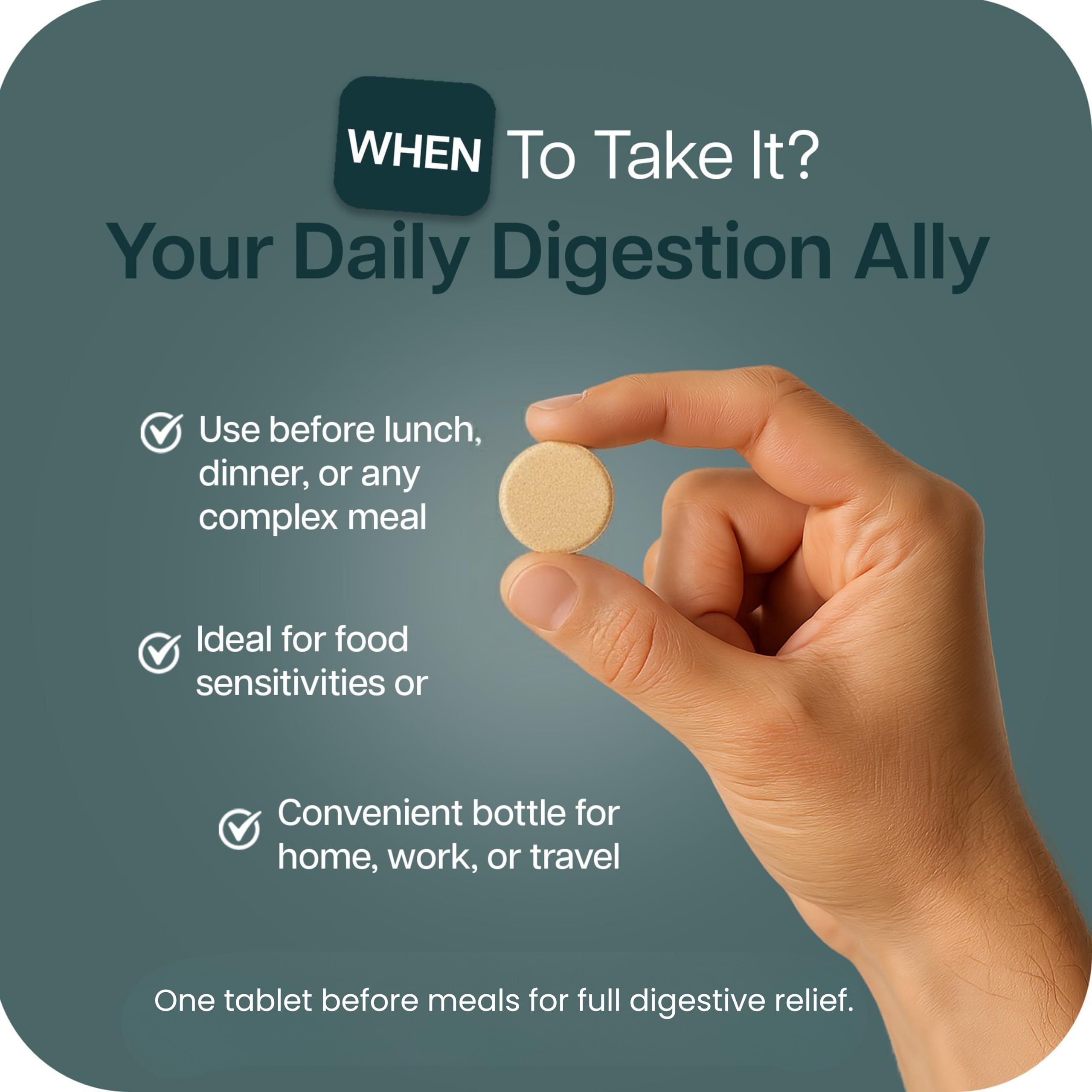 Houston Enzymes tableta en mano junto a desayuno, apoyo digestivo durante comidas
