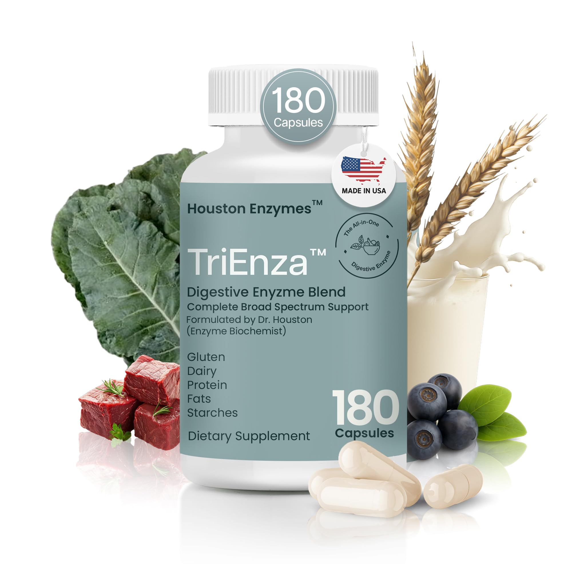 Houston Enzymes frente del empaque mostrando botella y beneficios digestivos