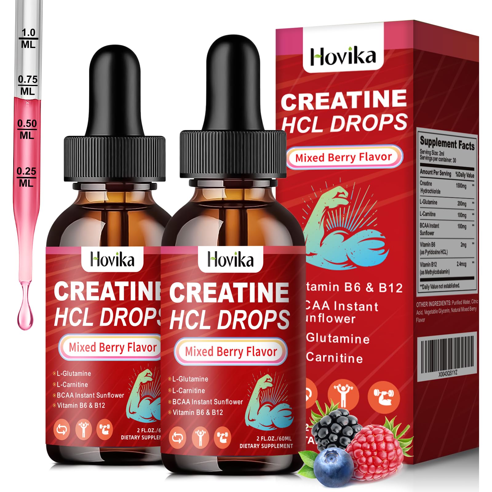 Hovika frasco frontal mostrando diseño y sabor frutos rojos, práctico y portátil