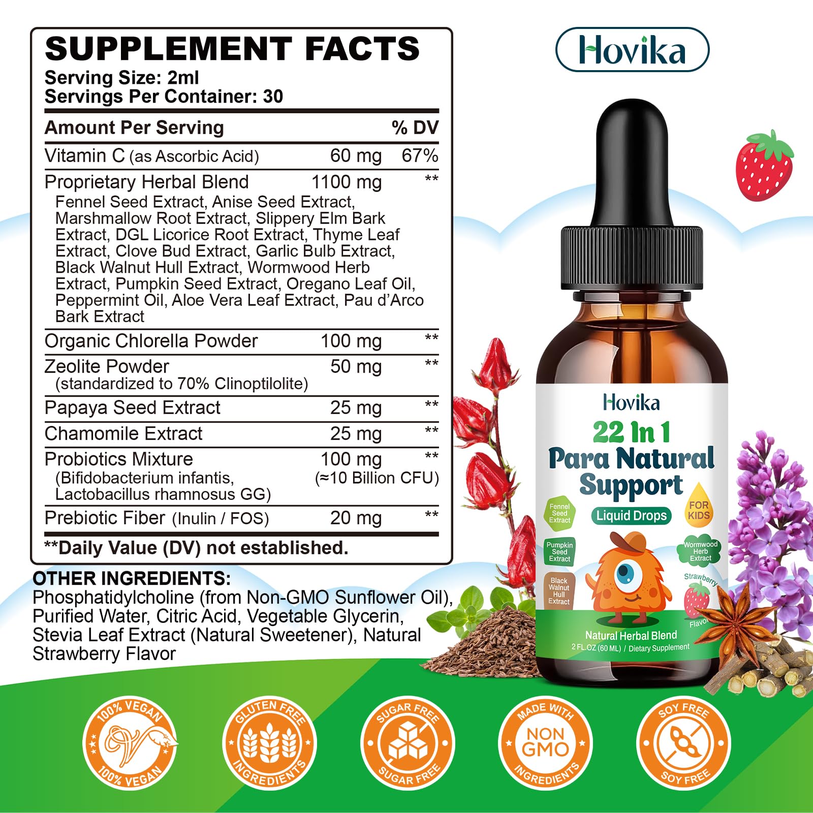 Hovika etiqueta con lista de ingredientes y beneficios visibles