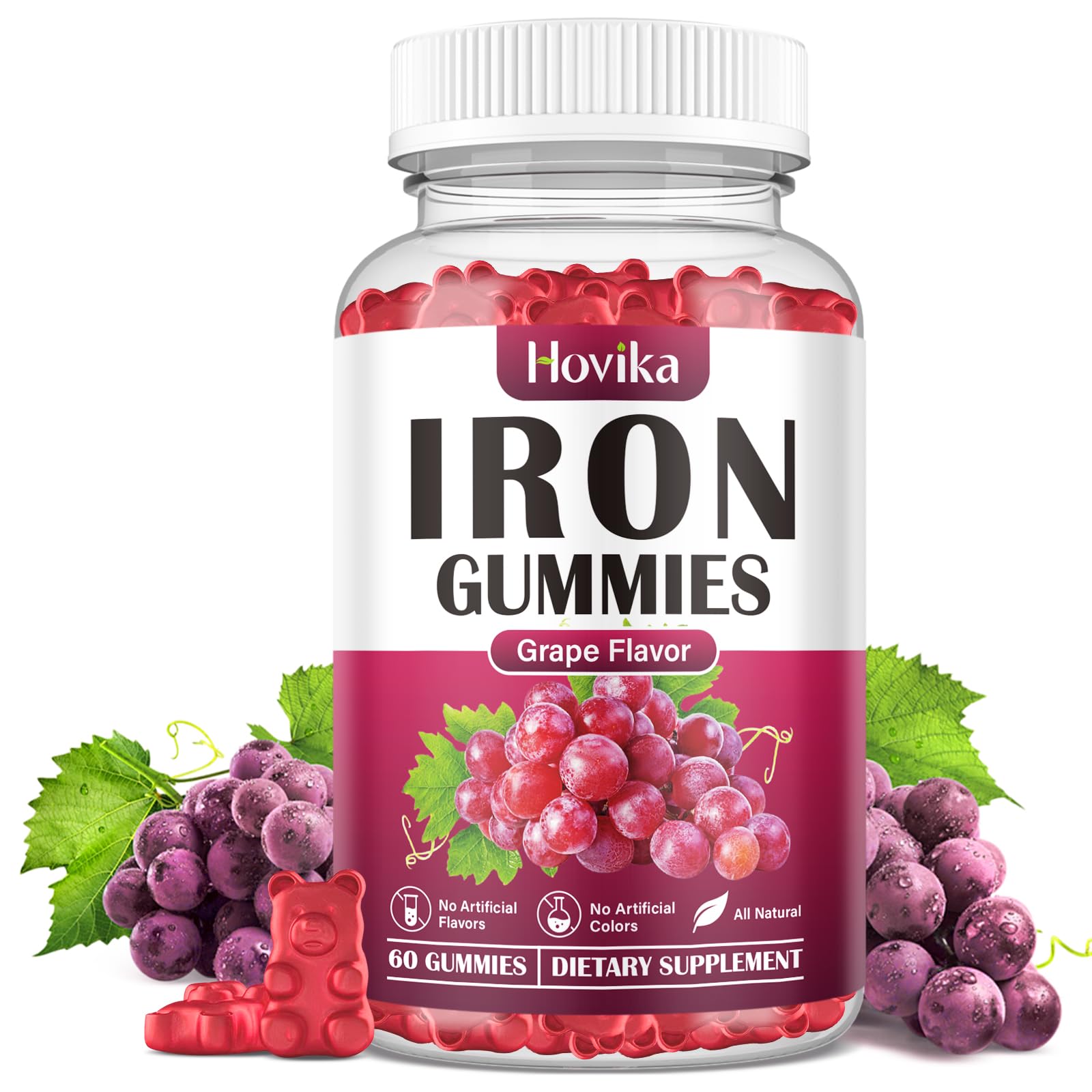 Hovika frasco frontal con 60 gominolas sabor uva para energía