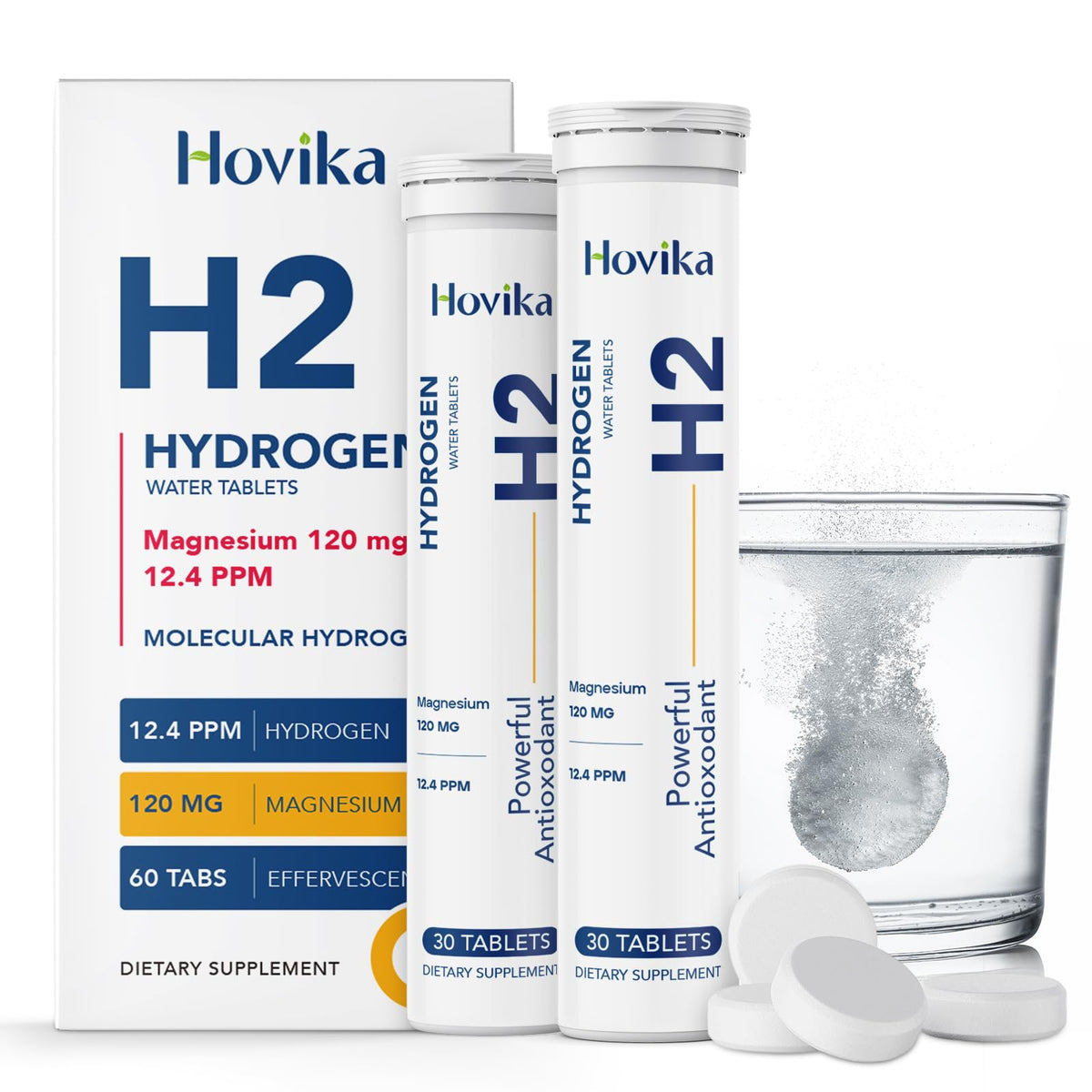 Hovika frente del tubo compacto mostrando 60 tabletas, transporte fácil