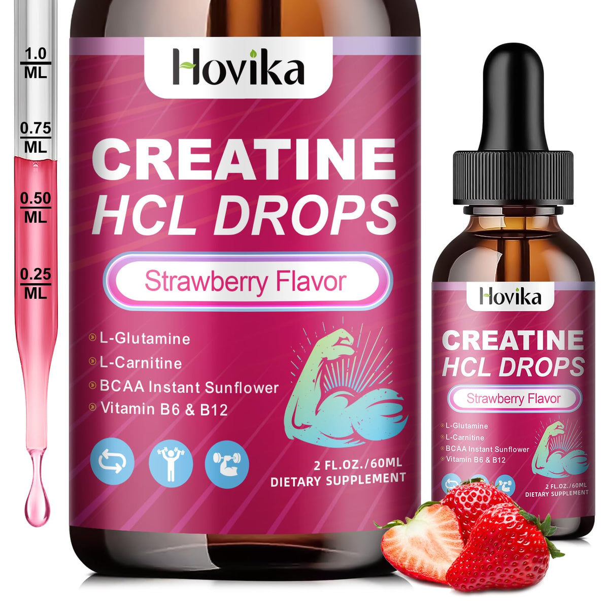 Hovika frasco frontal con creatina líquida sabor fresa mostrando diseño claro y portátil