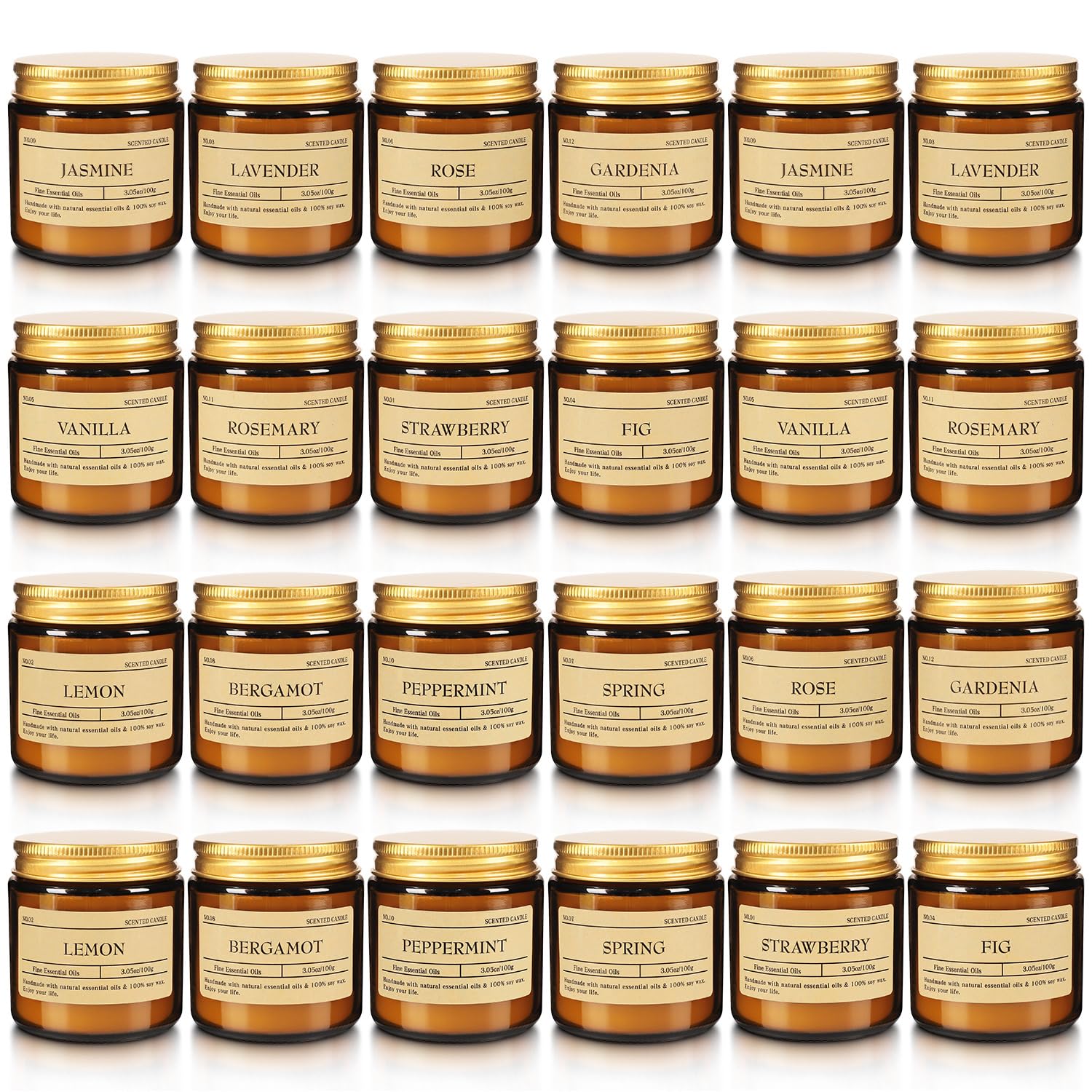 Howemon pack 24 frontal mostrando vasos ámbar y variedad de fragancias