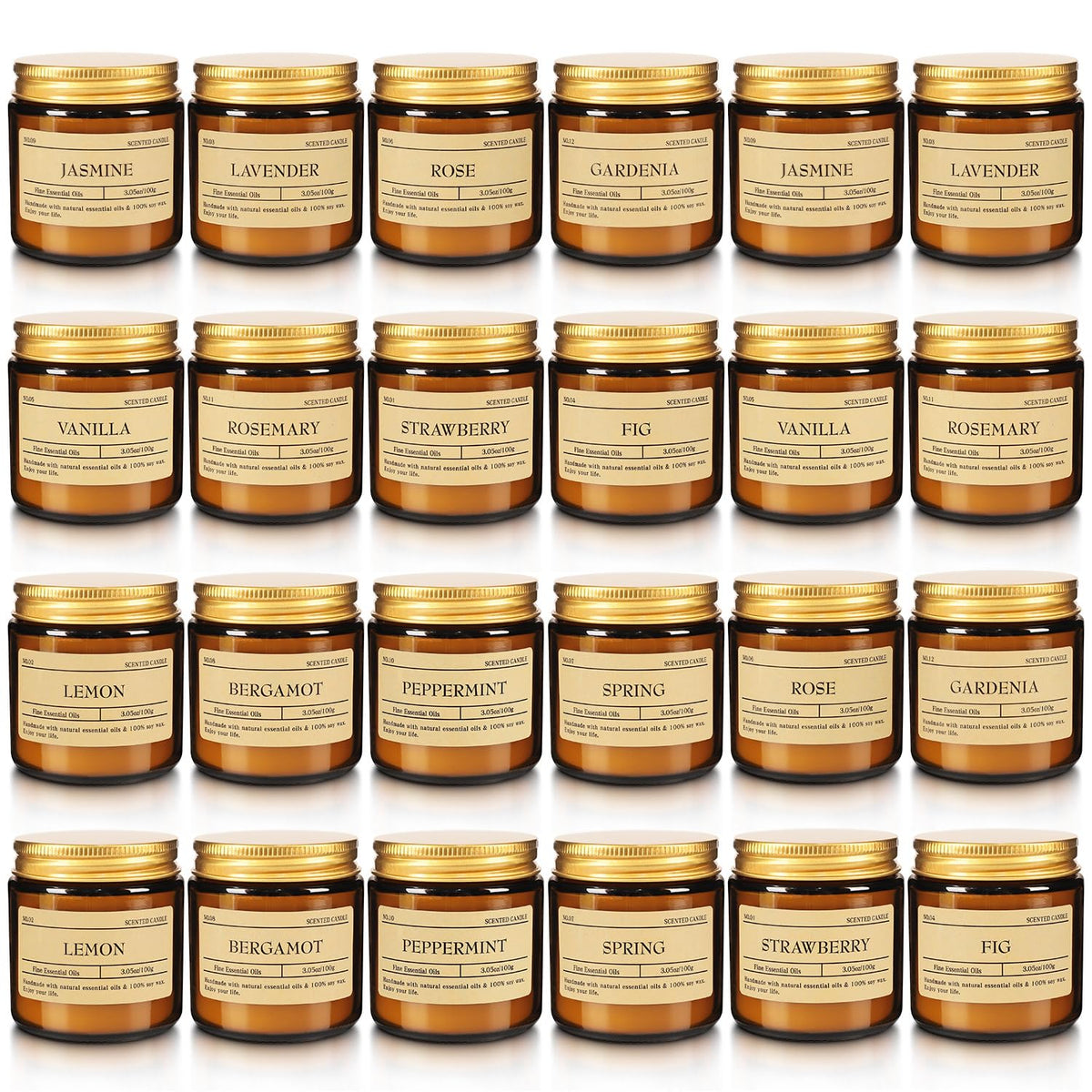 Howemon pack 24 frontal mostrando vasos ámbar y variedad de fragancias