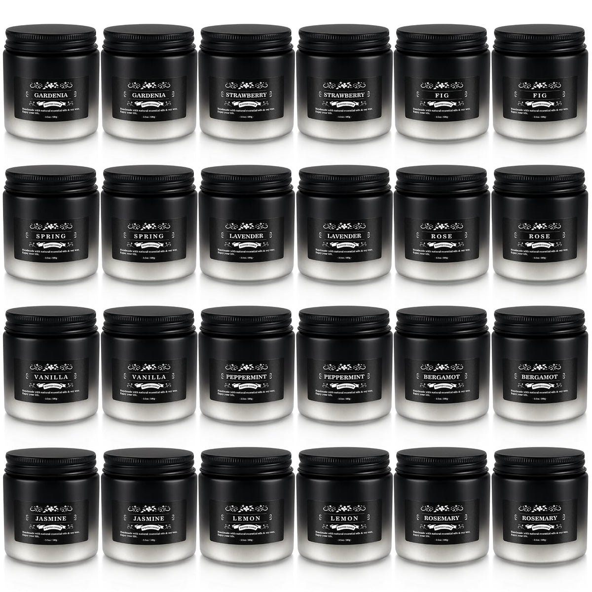 Howemon velas set frontal mostrando diseño negro y blanco y variedad aromática